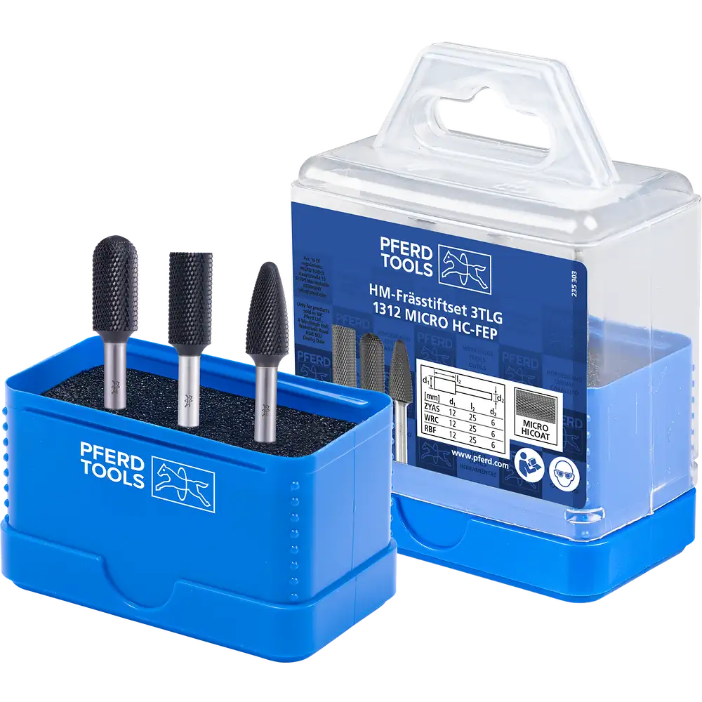 PFERD TOOLS Hartmetall Hochleistungsfrässtift Set 1312 MICRO 3-tlg Ø 12mm Schaft-Ø 6mm HICOAT beschichtet für die Feinbearbeitung