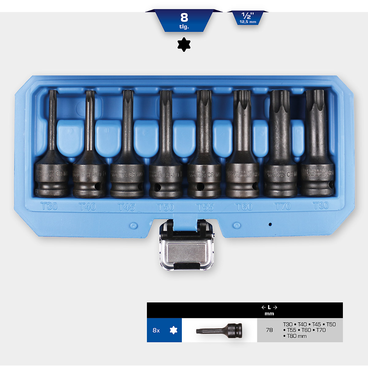Brilliant Tools 1/2" Kraft Bit-Stecknuss Satz, Torx, 8-tlg, T30 - T80