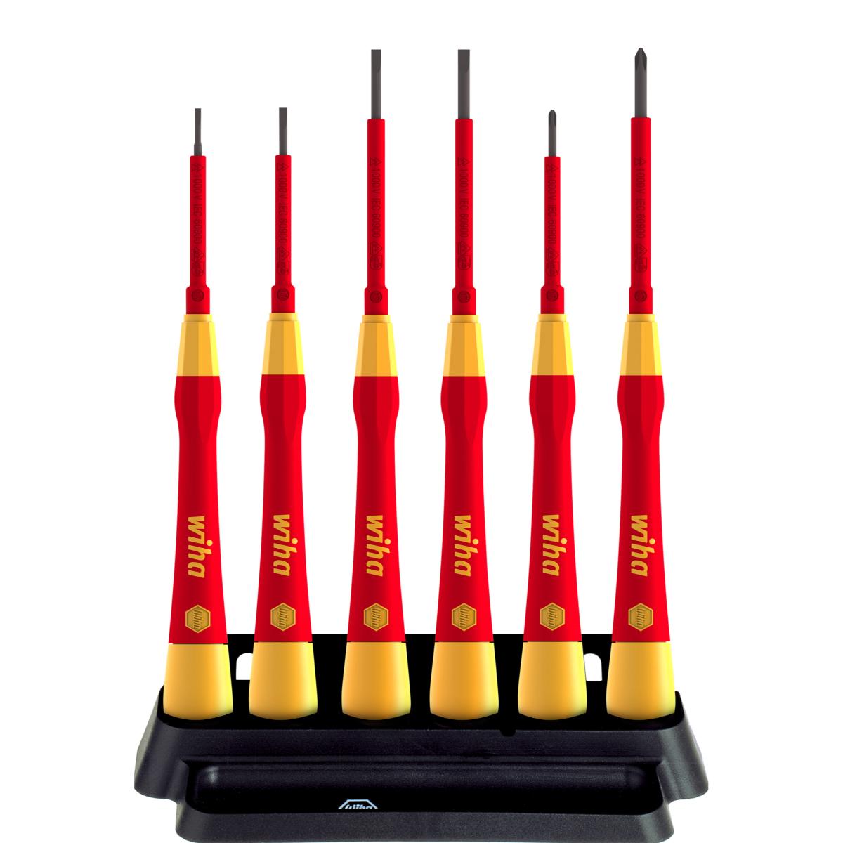 Wiha Feinschraubendreher Set PicoFinish electric Schlitz, Phillips 7-teilges Set mit Halter