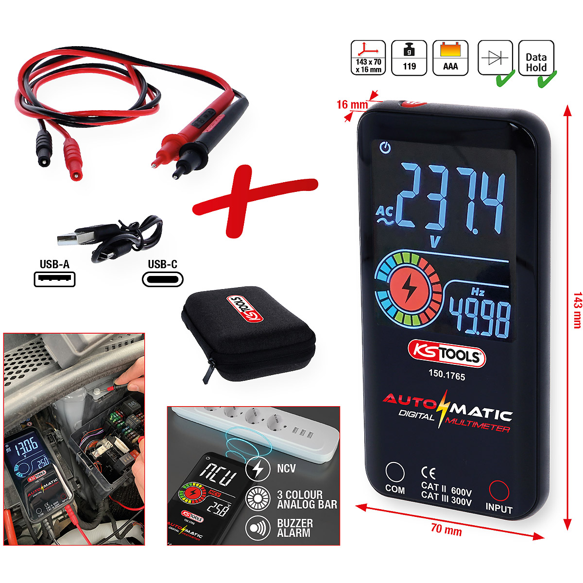 KS Tools Automatik Digital-Multimeter inkl. Prüfspitzen 