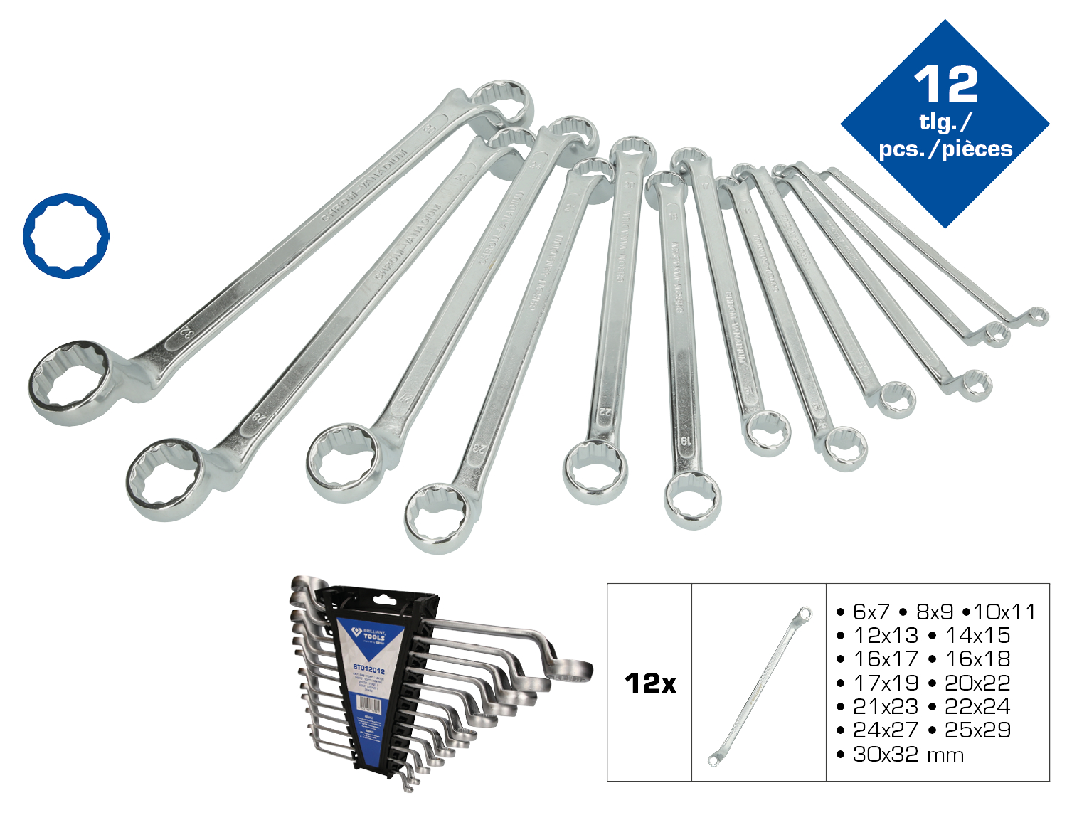 Brilliant Tools Doppel-Ringschlüssel-Satz, gekröpft, 12-tlg - BT012012