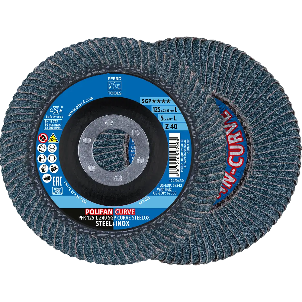 PFERD TOOLS Trenn-/Fächerscheiben-Set PFR 125 L Z40 SGP CURVE / EHT 125-1,0 SG STEELOX für Stahl/Edelstahl