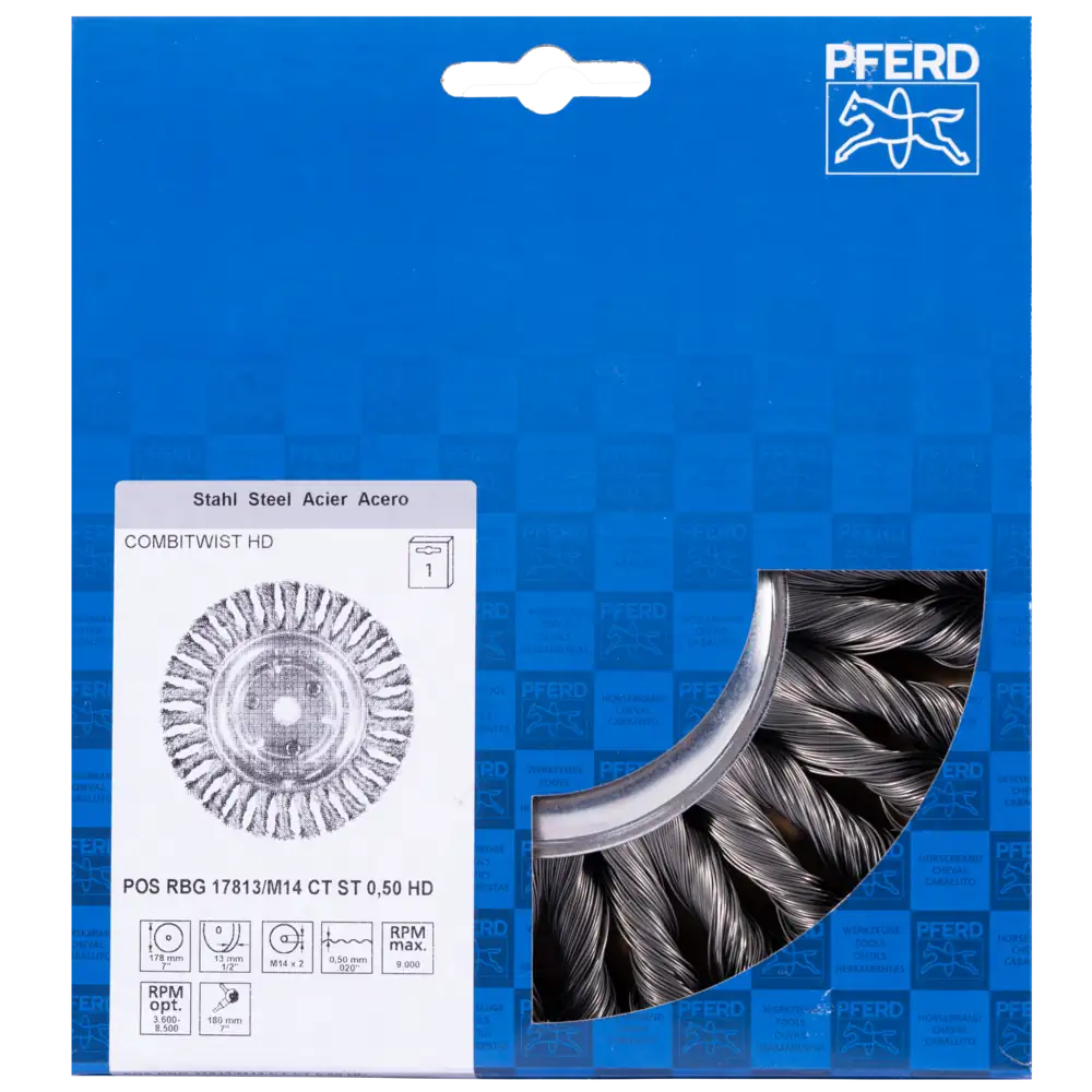 PFERD TOOLS POS COMBITWIST Rundbürste gezopft RBG HD Ø 178x13 mm M14 Stahl-Draht-Ø 0,50mm