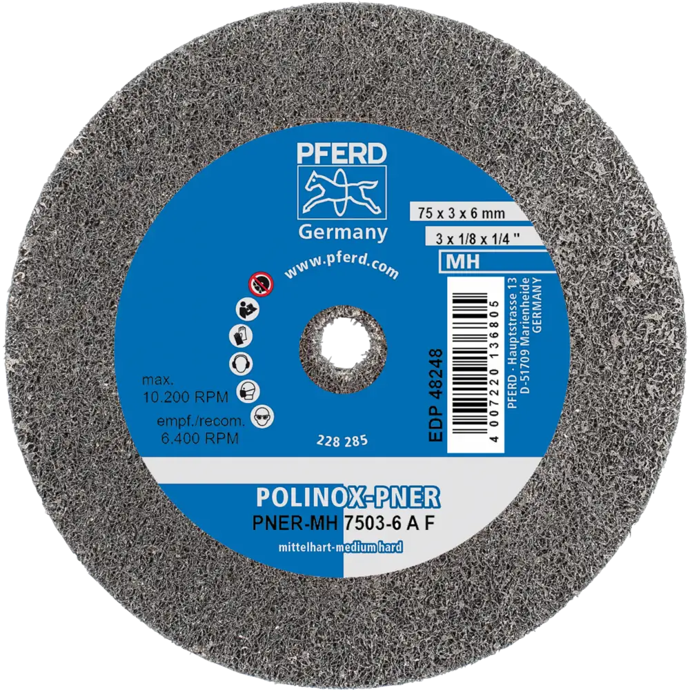 PFERD TOOLS POLINOX verpresstes Vlies-Rad PNER für Geradschleifer, Biegwellen und Schleifblöcke