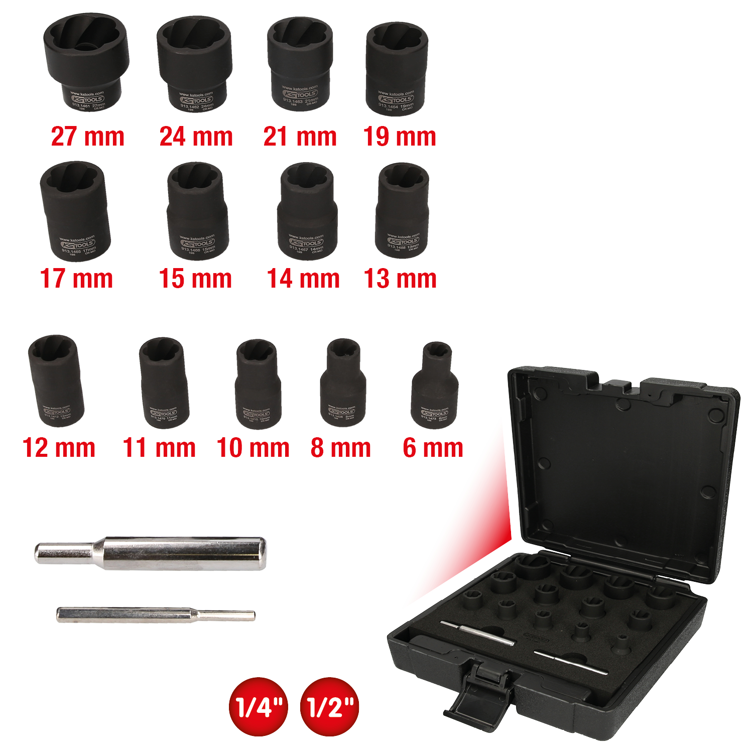 KS Tools 1/4"+1/2" Spiral-Profil-Kraft-Stecknuss-Satz, 15-tlg