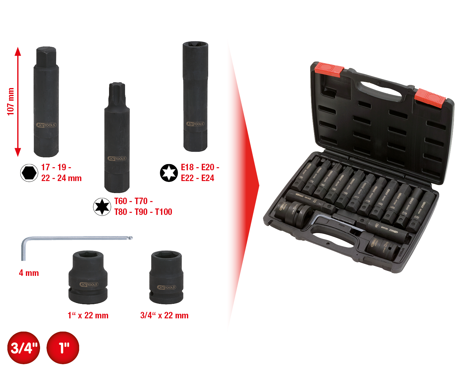 KS Tools 3/4"+1" Kraft-Wechsel-Stecknuss- und Bitstecknuss-Satz, 16-tlg