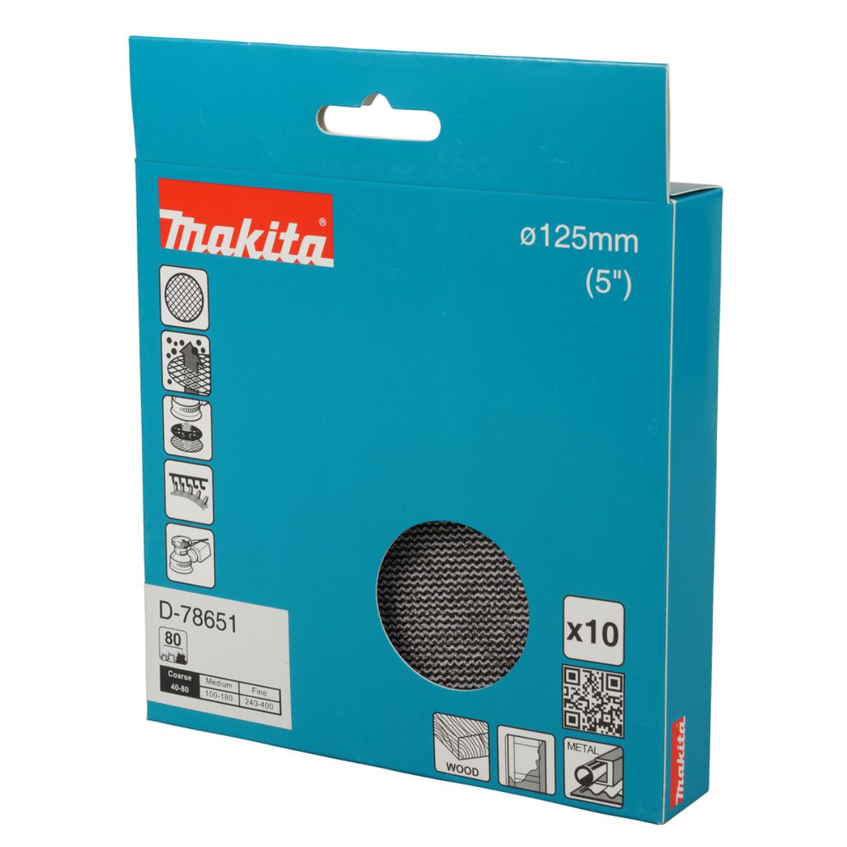 Makita Netzschleifmittel 125mm, Körnung A80,Klett, Gitter, 10 Stück