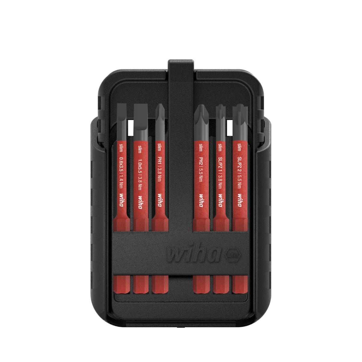 Wiha Bit Set slimBit electric Schlitz, Phillips, Pozidriv, PlusMinus/Pozidriv, TORX 12-teilges Set mit Gürtelhalter