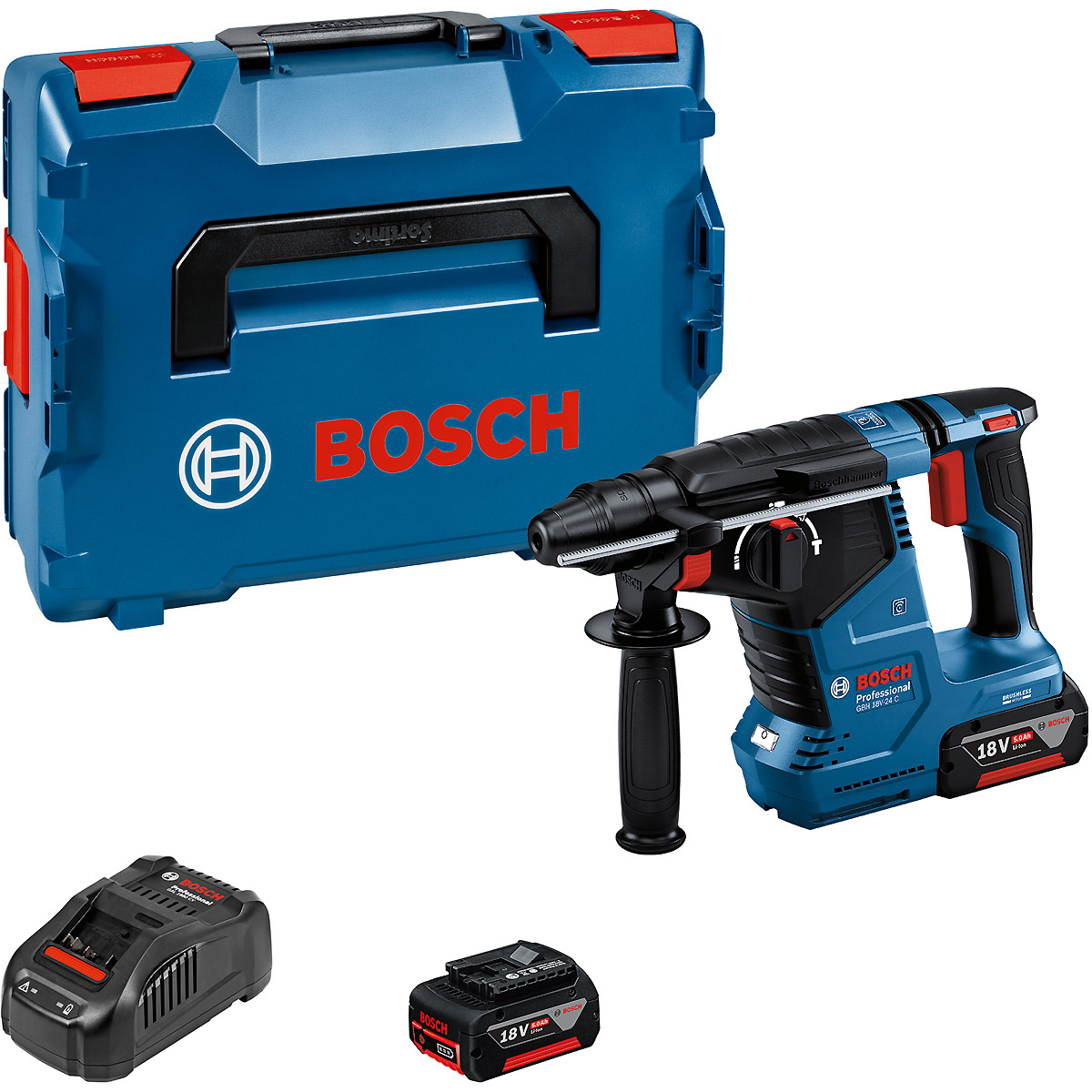 Bosch Akku-Bohrhammer mit SDS plus GBH 18V-24 C, 2 x Akku, Schnellladeg. und L-BOXX