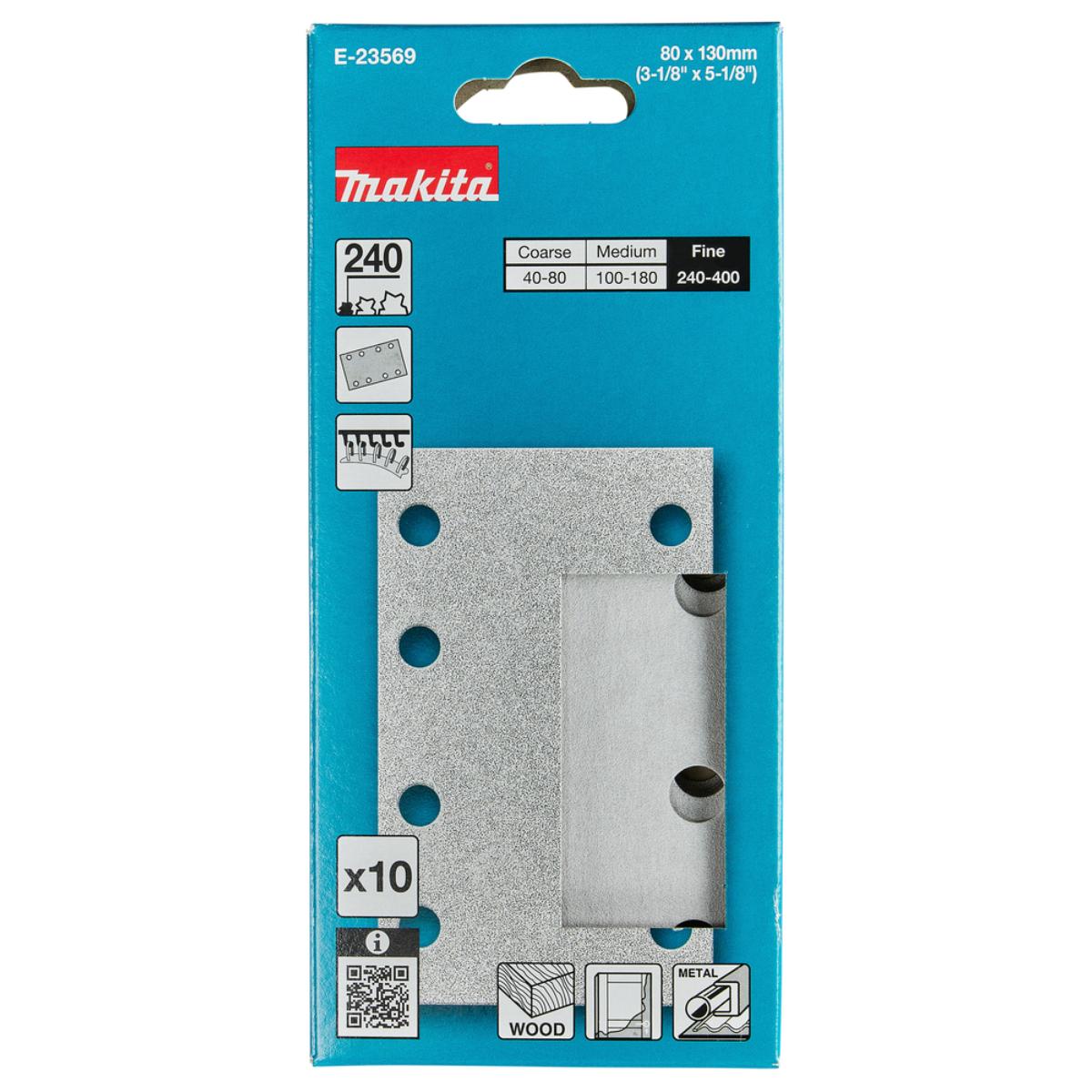 Makita Schleifpapier 80x130mm, Körnung A240,Klett, 8 Loch, 10 Stück