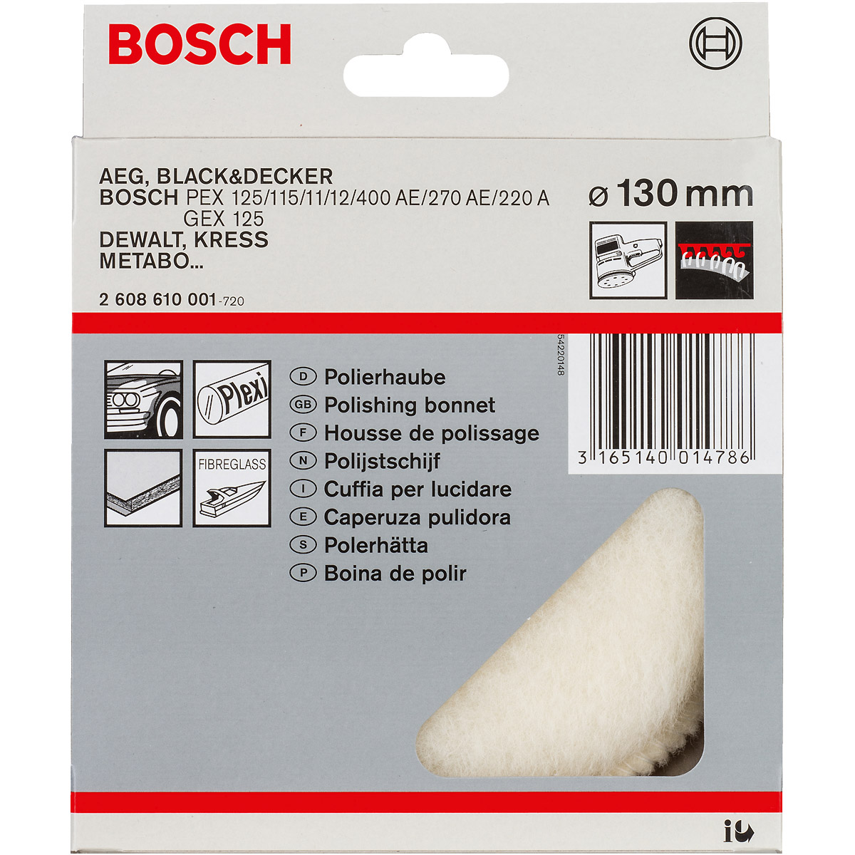 Bosch Lammwollhaube für Exzenterschleifer, 130 mm, Klett, 1er-Pack