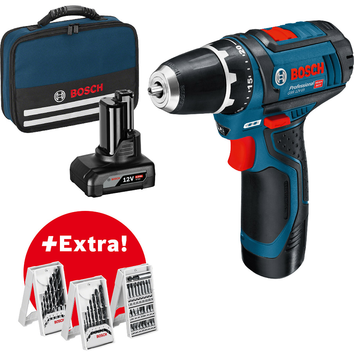 Bosch Akku-Bohrschrauber GSR 12V-15, mit 1 x 2.0 Ah, 1 x 4.0 Ah, Zubehör-Set in Tasche
