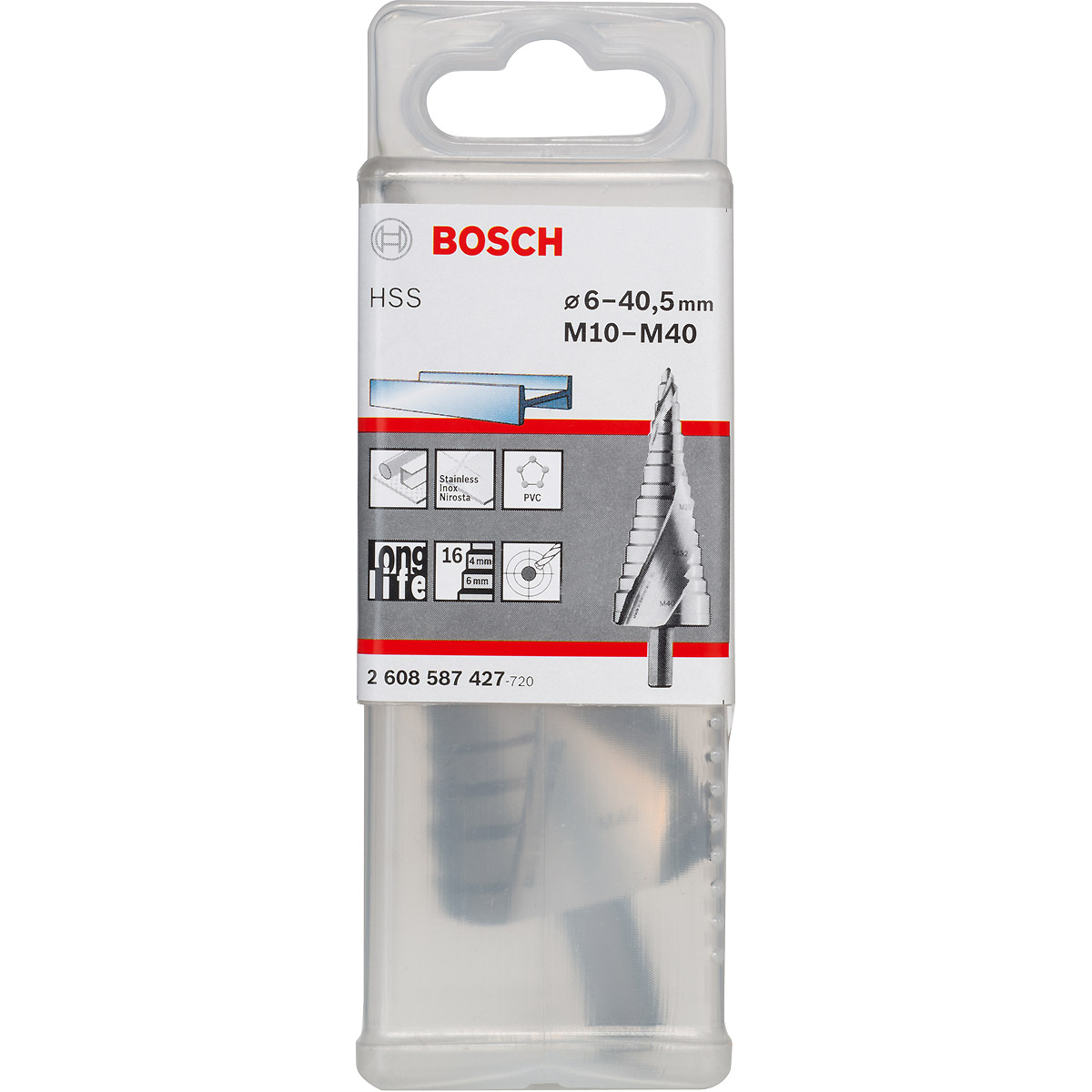 Bosch Stufenbohrer HSS, für Kabelverschraubungen, M10-M40, 10 mm, 125,5 mm, 16 Stufen