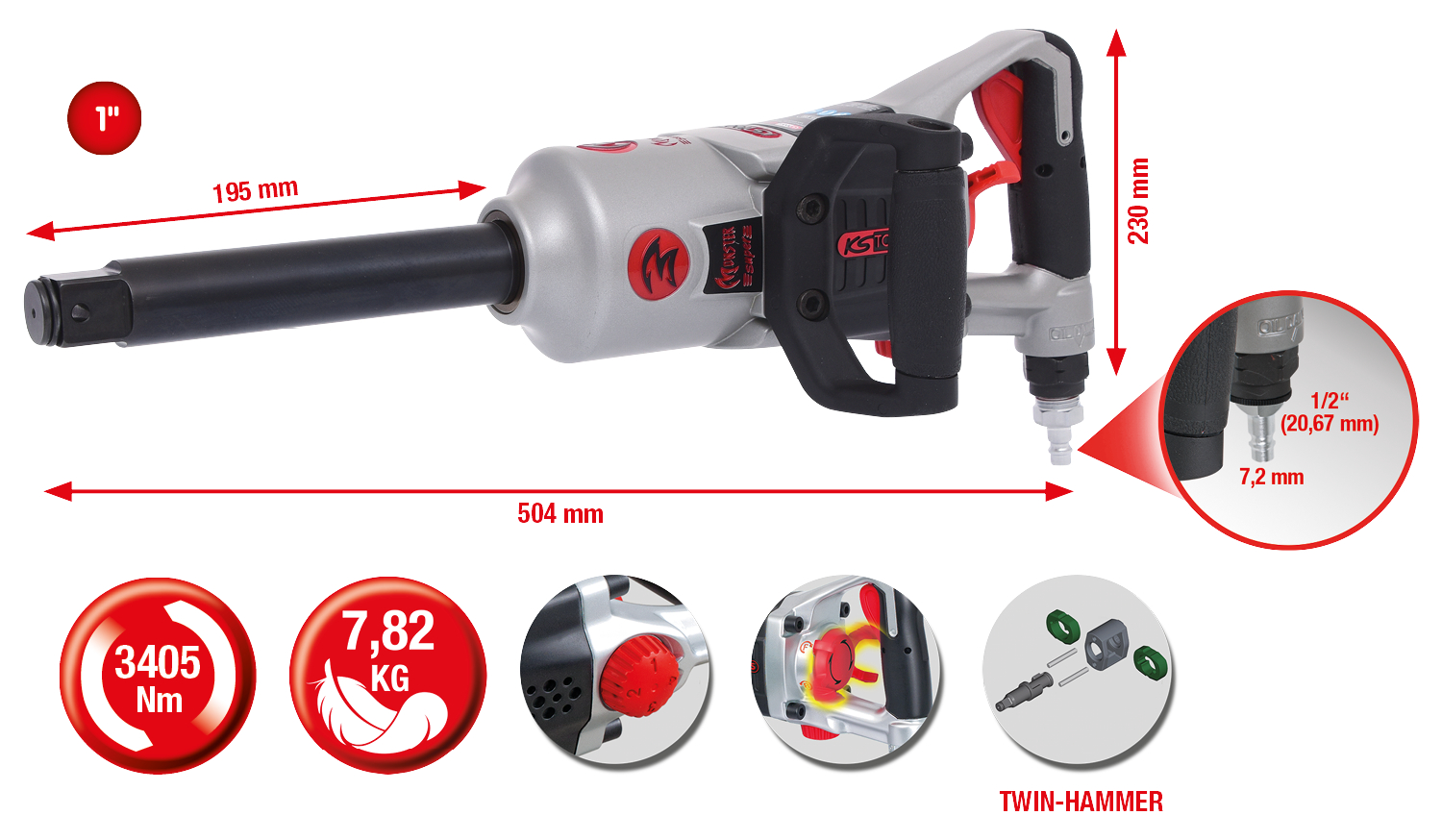 KS Tools 1" superMONSTER Hochleistungs-Druckluft-Schlagschrauber, 3405Nm, 504 mm