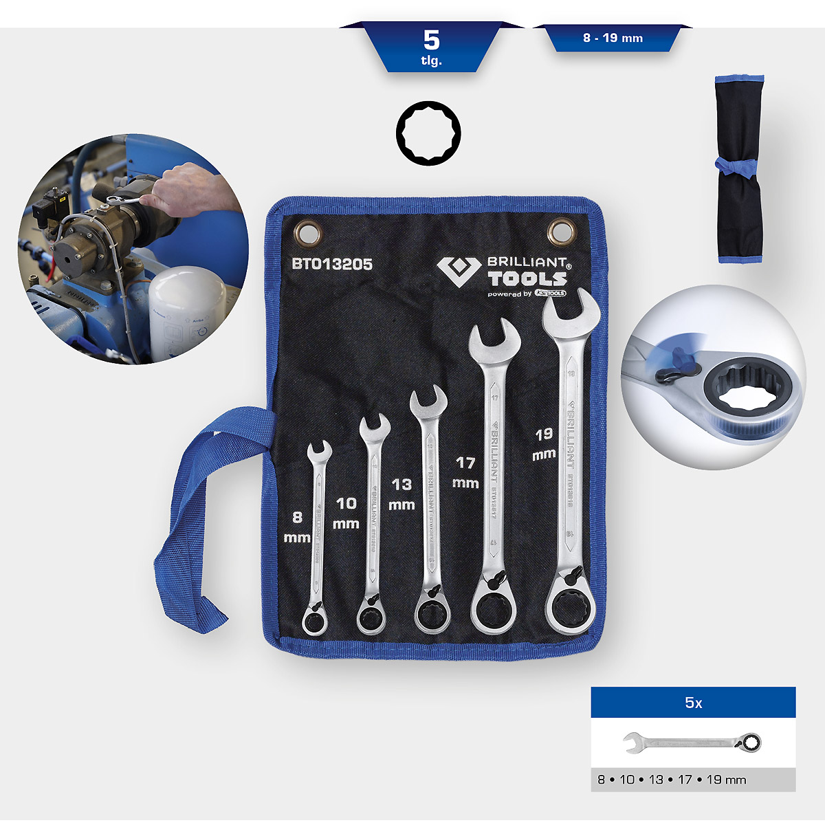 Brilliant Tools Ratschenringschlüssel-Satz, 5-tlg, umschaltbar, 8 - 19 mm