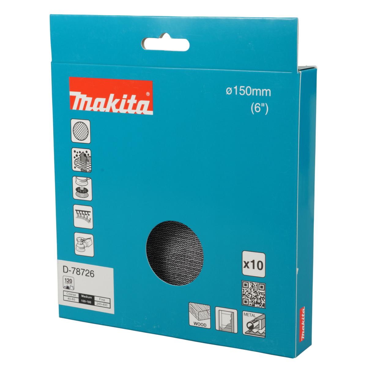Makita Netzschleifmittel 150mm, Körnung A120,Klett, Gitter, 10 Stück