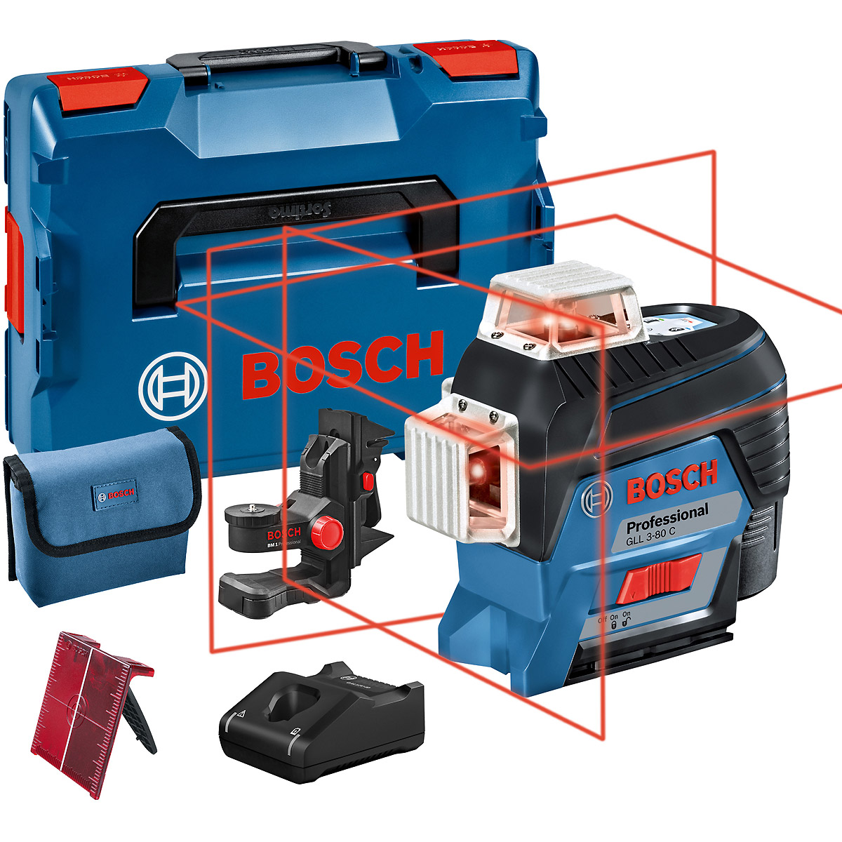 Bosch Linienlaser GLL 3-80 C, mit 1 x 2.0 Ah Li-Ion Akku, Halterung BM 1, L-BOXX