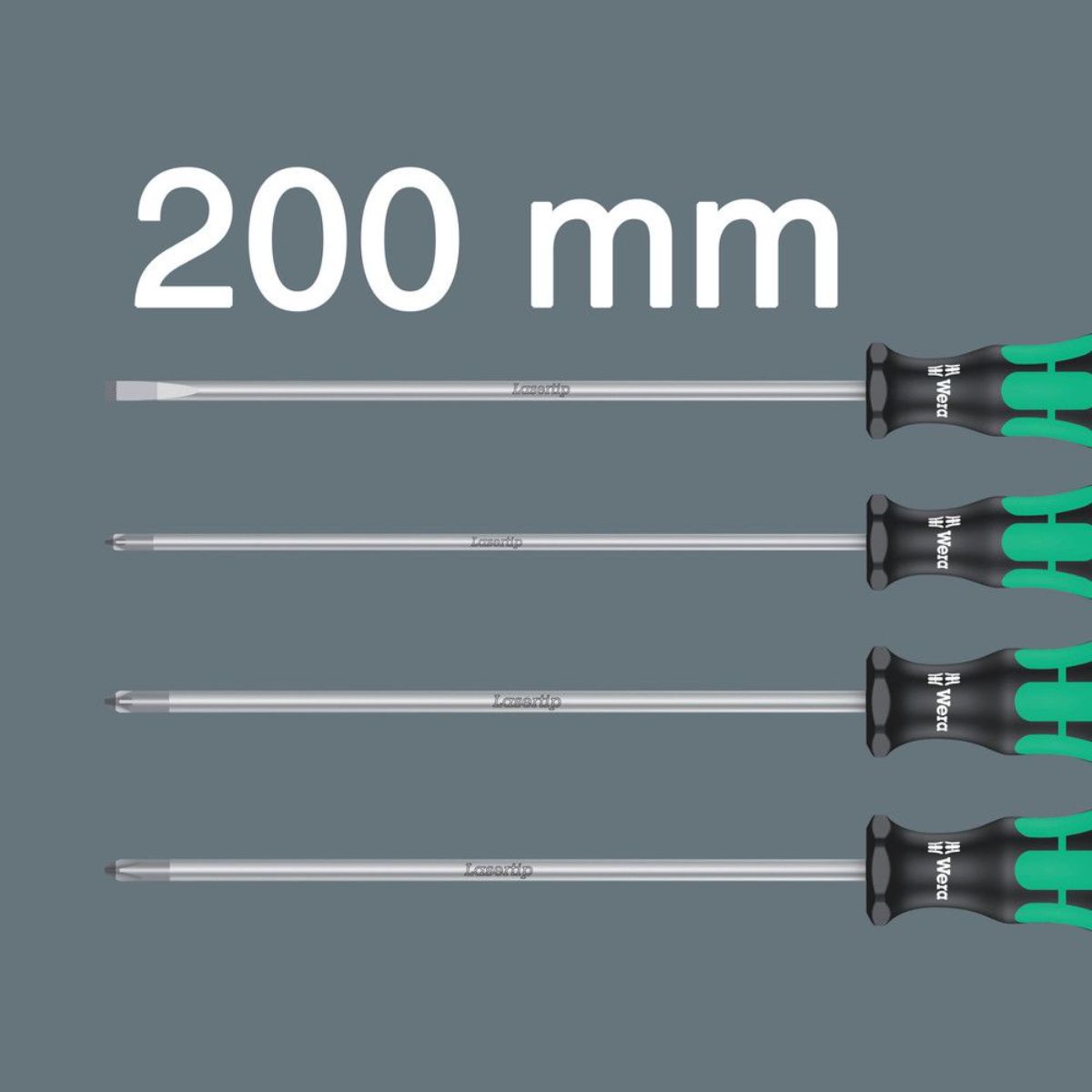 Wera 335/350/355/4 Schraubendrehersatz Kraftform Plus Lasertip mit 200 mm langen Klingen, 4-teilig