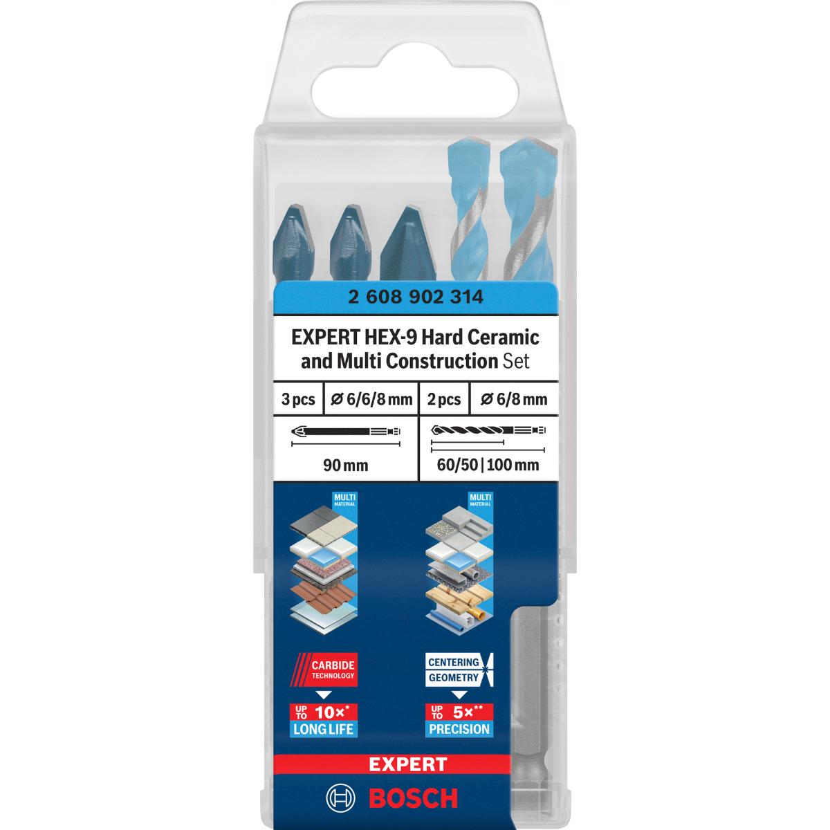 Bosch EXPERT HEX-9 Hard Ceramic und HEX-9 Multi Construction Bohrer 6/8 mm, 5-teiliges Set