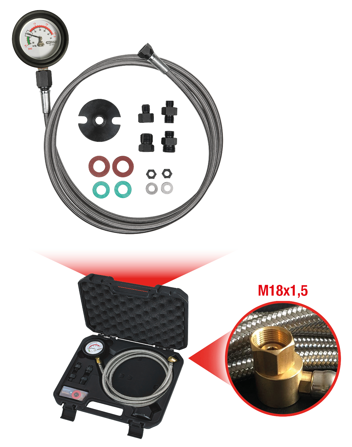 KS Tools Auspuff-Abgasdruck-Prüfgerät -1 bis +3 bar