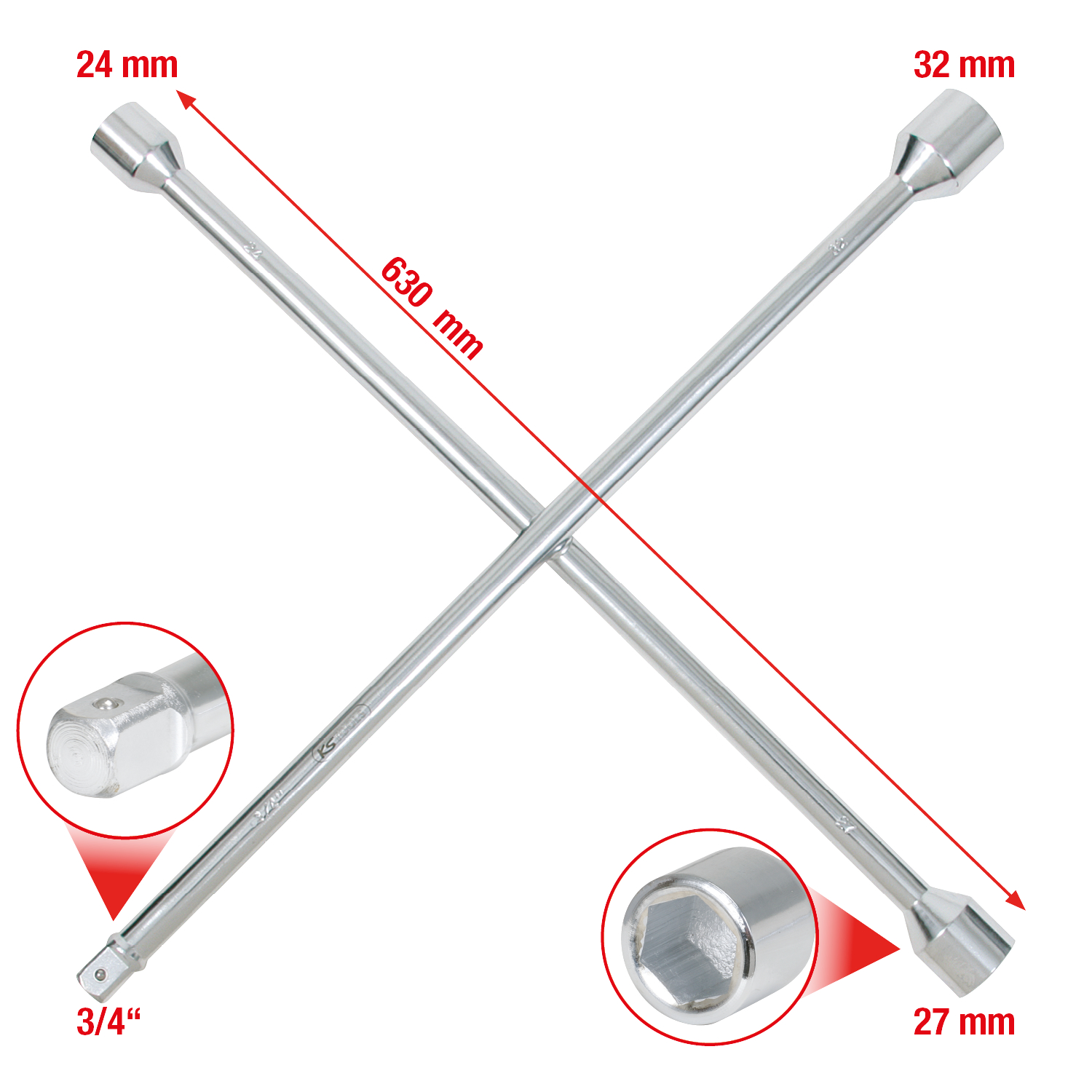 KS Tools Radkreuzschlüssel für LKW, 3/4"x24x27x32mm