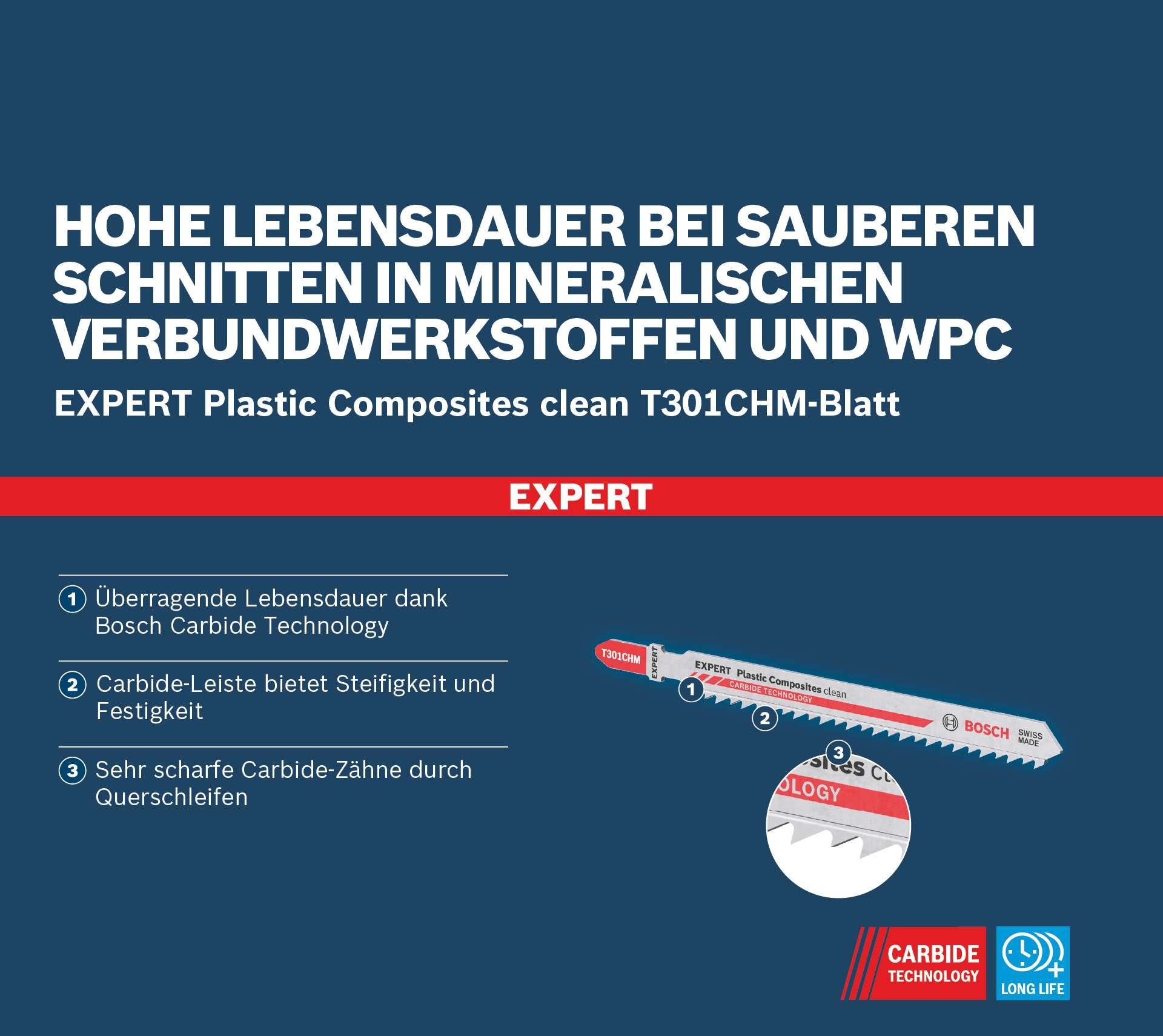 Bosch EXPERT Plastic Composites clean T301CHM Stichsägeblatt, 3-Stück