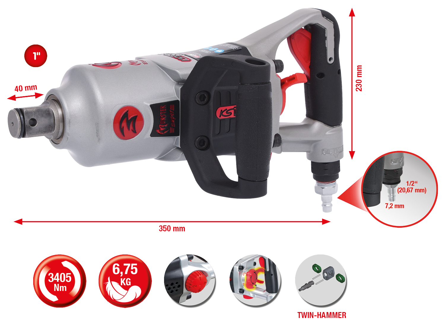 KS Tools 1" superMONSTER Hochleistungs-Druckluft-Schlagschrauber, 3405Nm