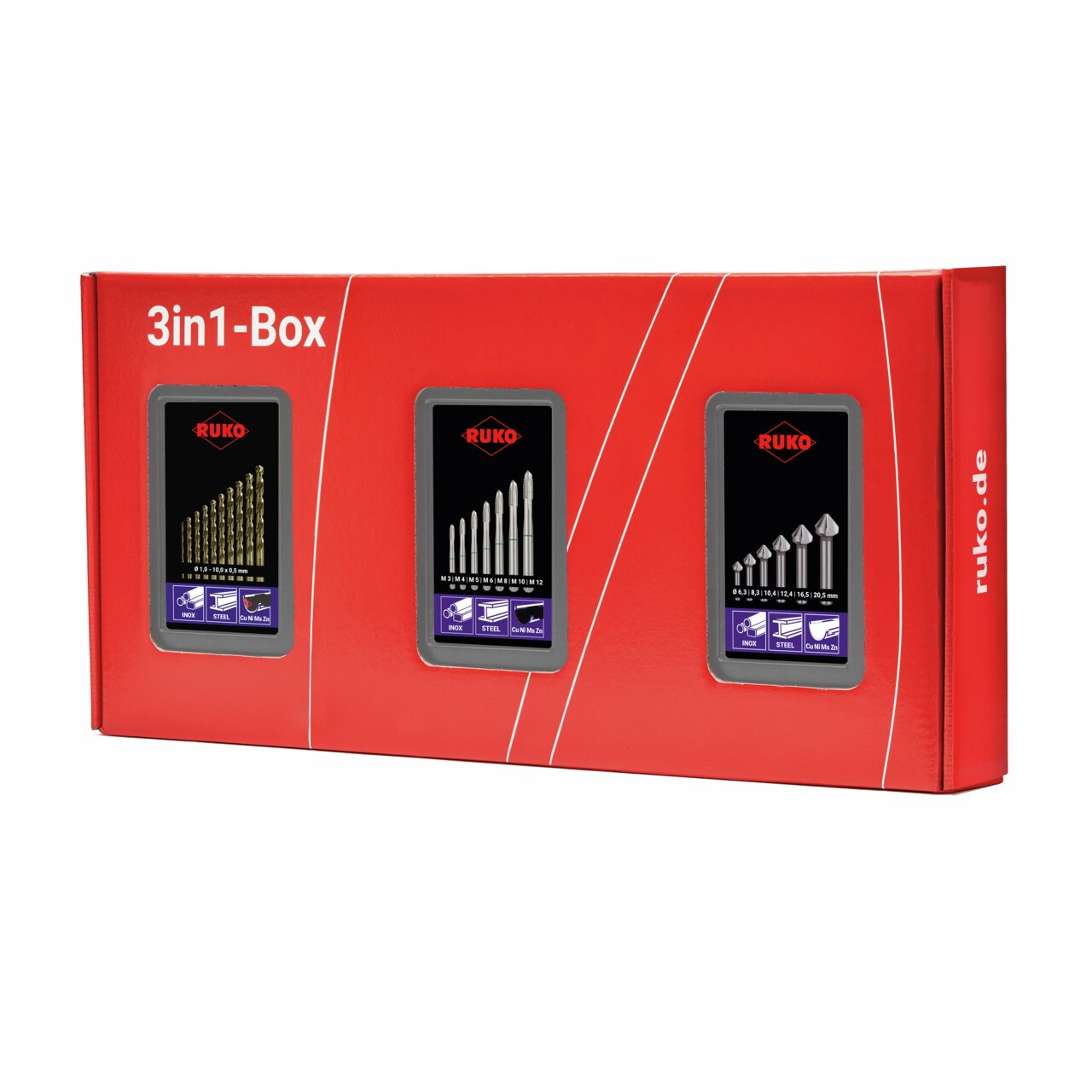 RUKO 3in1-Box HSS-Co 5 - Komplettset für Gewindeschneiden M3 – M12