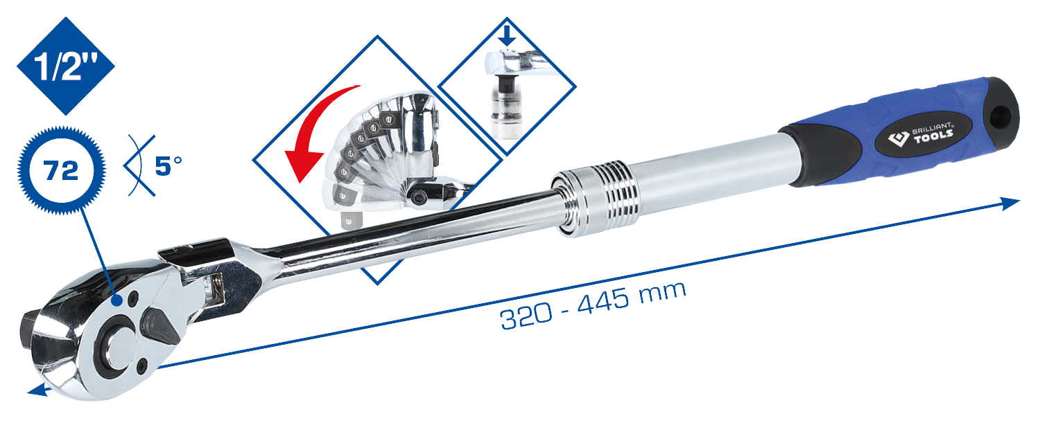 Brilliant Tools 1/2" Teleskop-Umschaltknarre mit flexibelem Kopf - BT022993