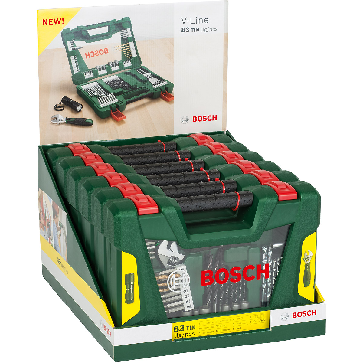 Bosch V-Line Box, Bohrer- und Bit-Set, 83-teilig, LED-Taschenlampe, Rollgabelschlüssel