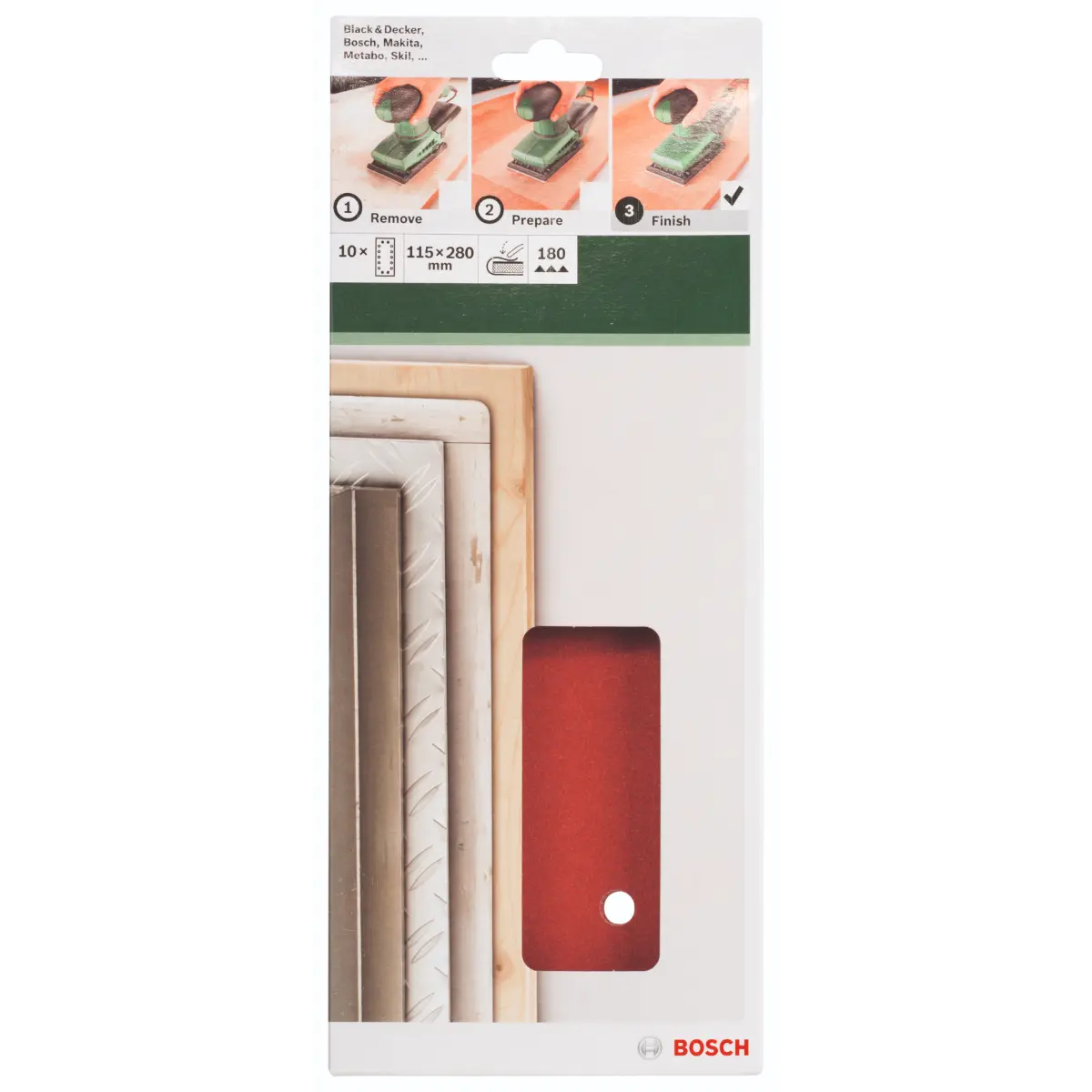 Bosch Schleifblatt-Set für Schwingschleifer K=180, 115 x 280 mm, 14 Löcher, 10-tlg.