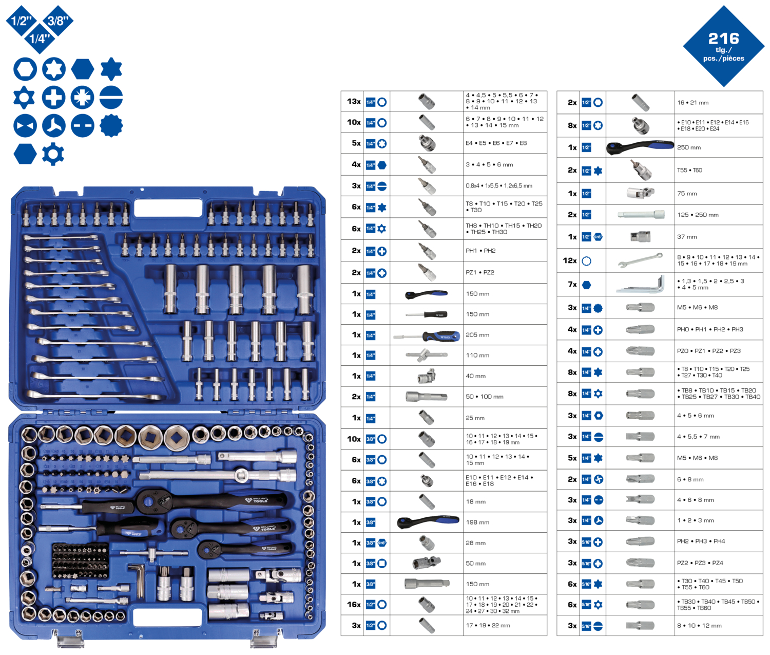 Brilliant Tools Steckschlüssel-Satz, 216-tlg, 1/4", 3/8", 1/2" - BT023216