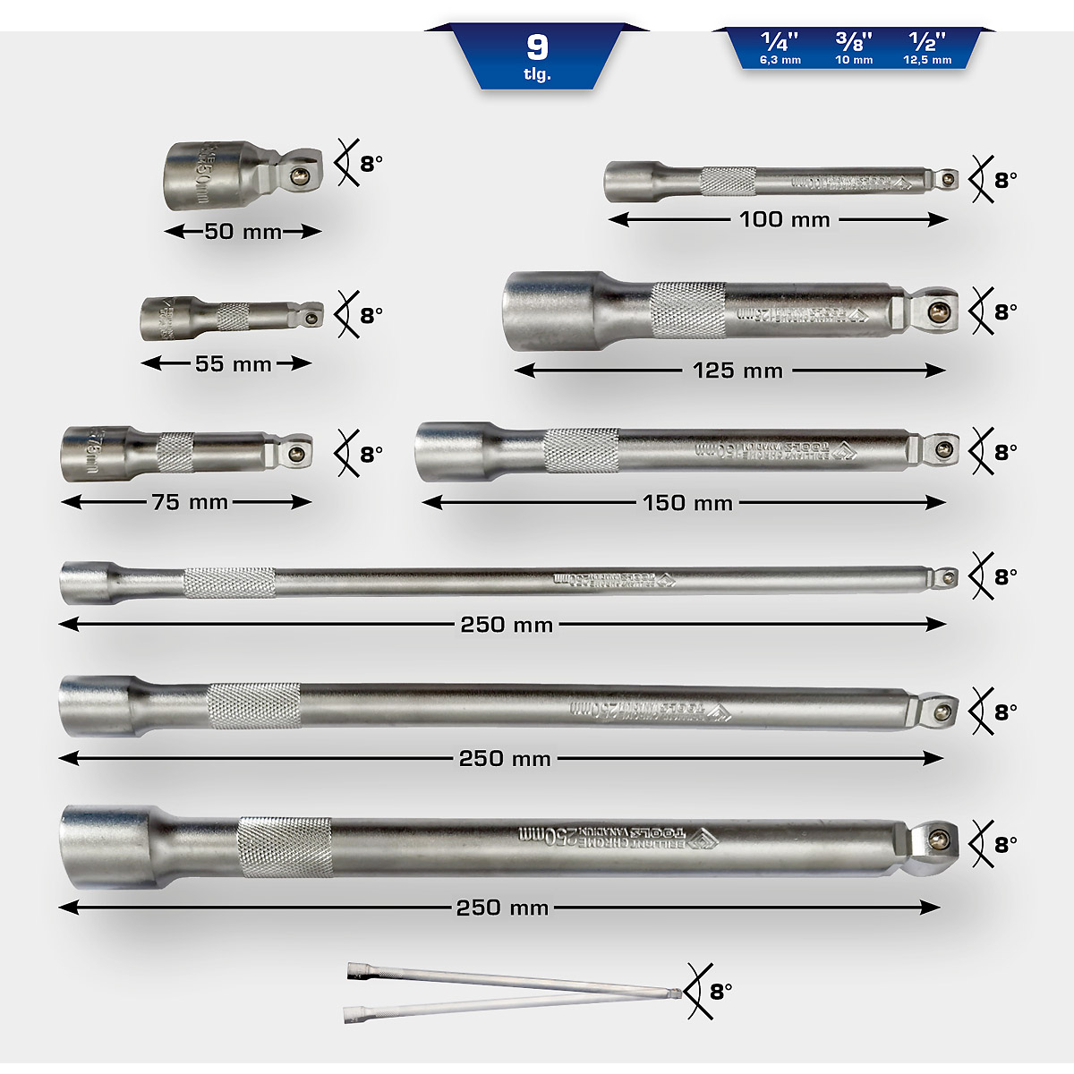 Brilliant Tools Kippverlängerungs-Satz 1/4" + 3/8" + 1/2", 9-tlg