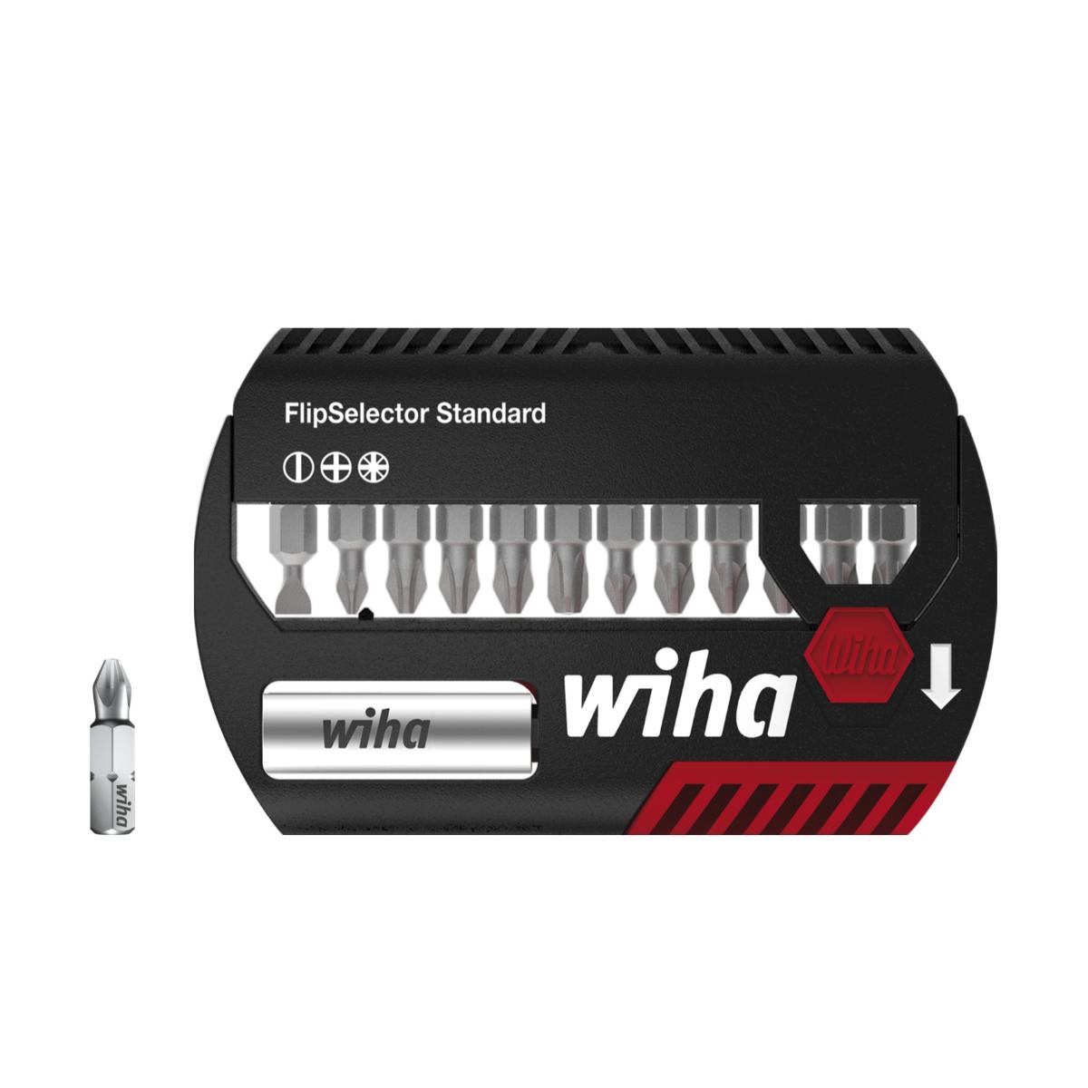 Wiha Bit Set FlipSelector Standard 25 mm Schlitz, Phillips, Pozidriv 14-teilges Set 1/4 zoll C6,3 mit Gürtelclip