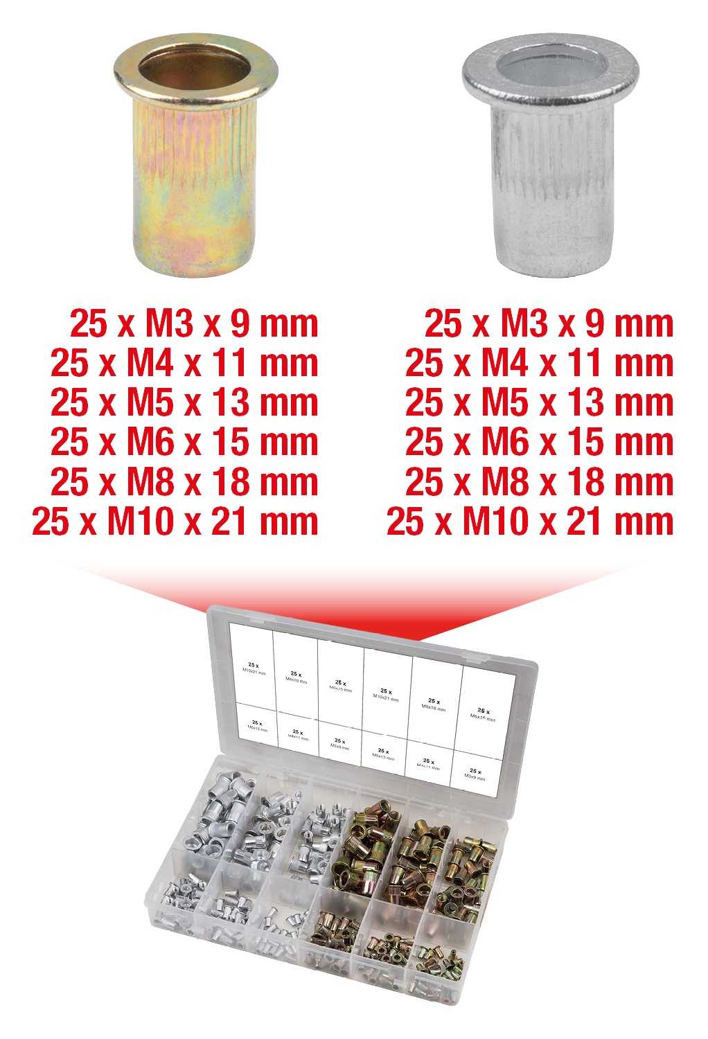 KS Tools Sortiment Gewindenieten, Stahl und Aluminium, M3x9mm-M10x21mm, 300-tlg