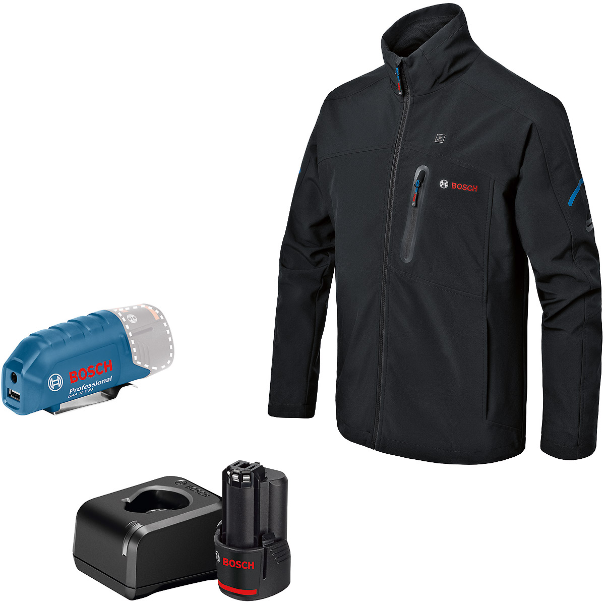 Bosch Beheizbare Jacke GHJ 12+18V XA, mit Akkuadapter, mit Ladegerät, mit 1x Akku (12V 2.0 Ah)