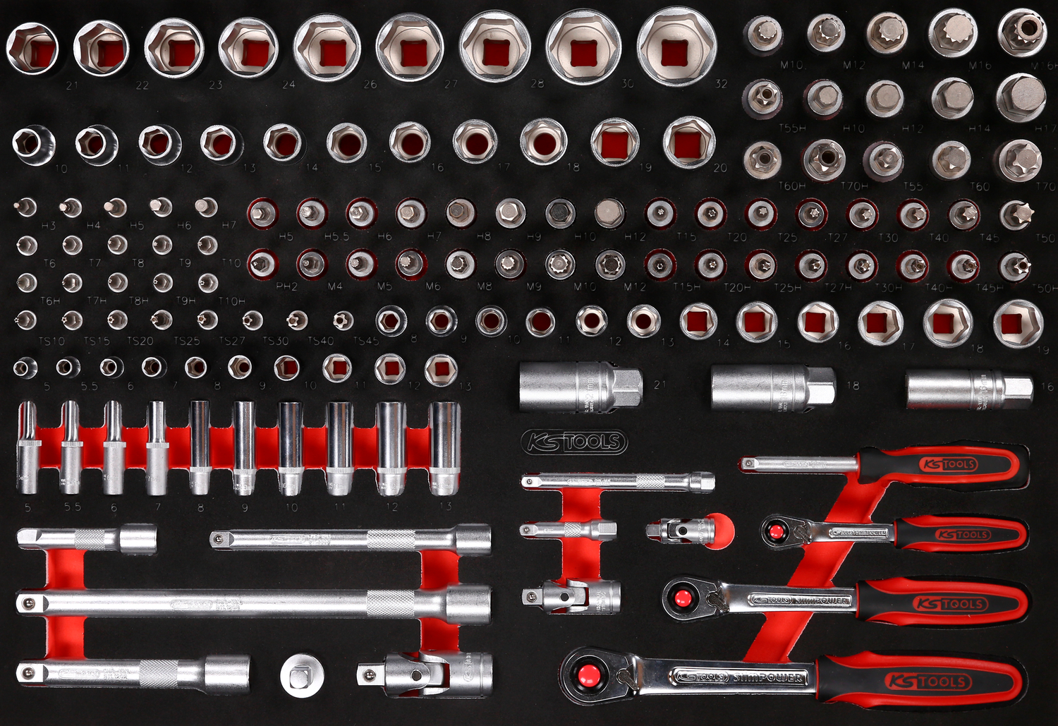 KS Tools 1-4'' + 3-8'' + 1-2'' Steckschlüssel-Satz in Schaumstoffeinlage, 139-tlg
