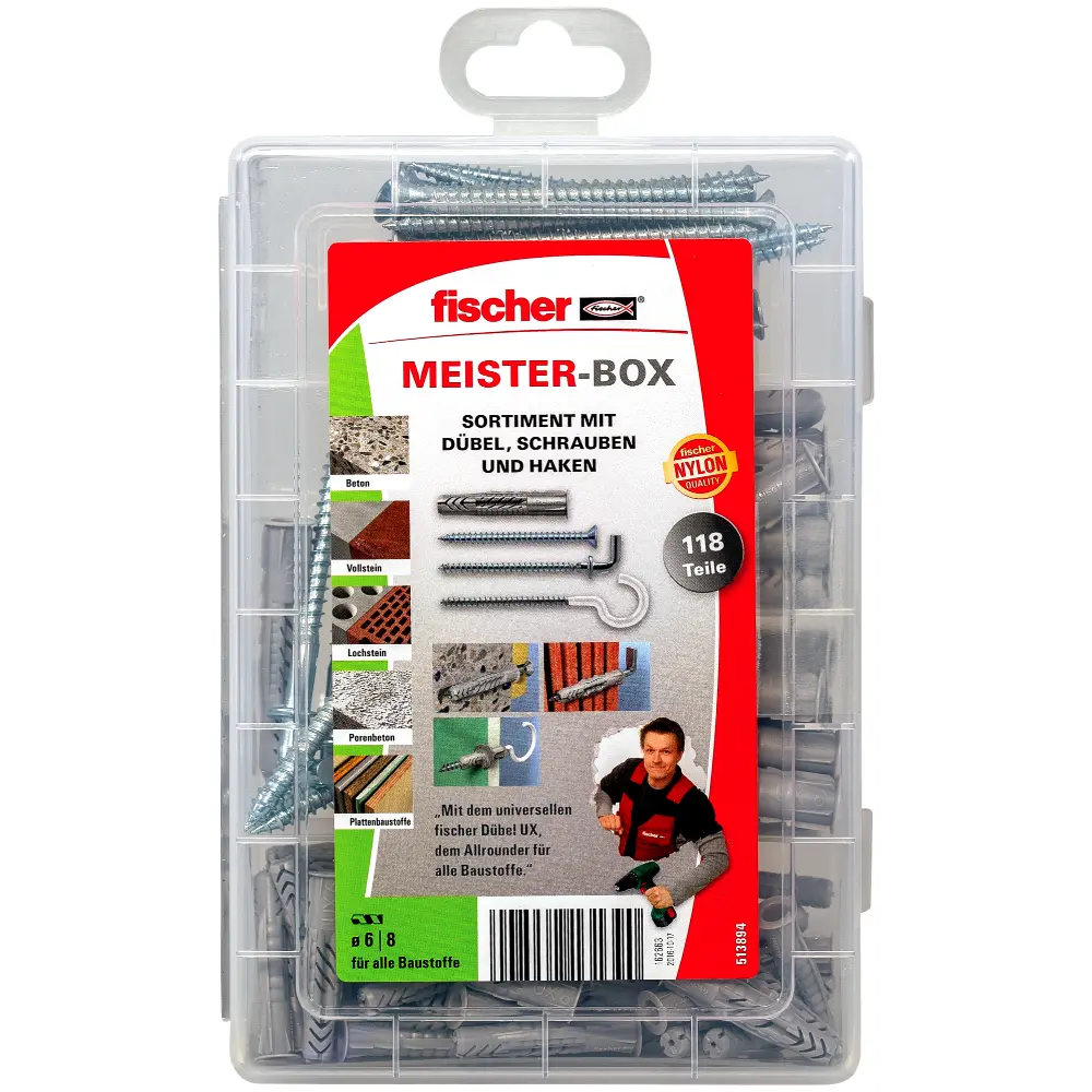 Fischer Dübelsortiment Meister-Box Universaldübel UX + Schrauben + Haken