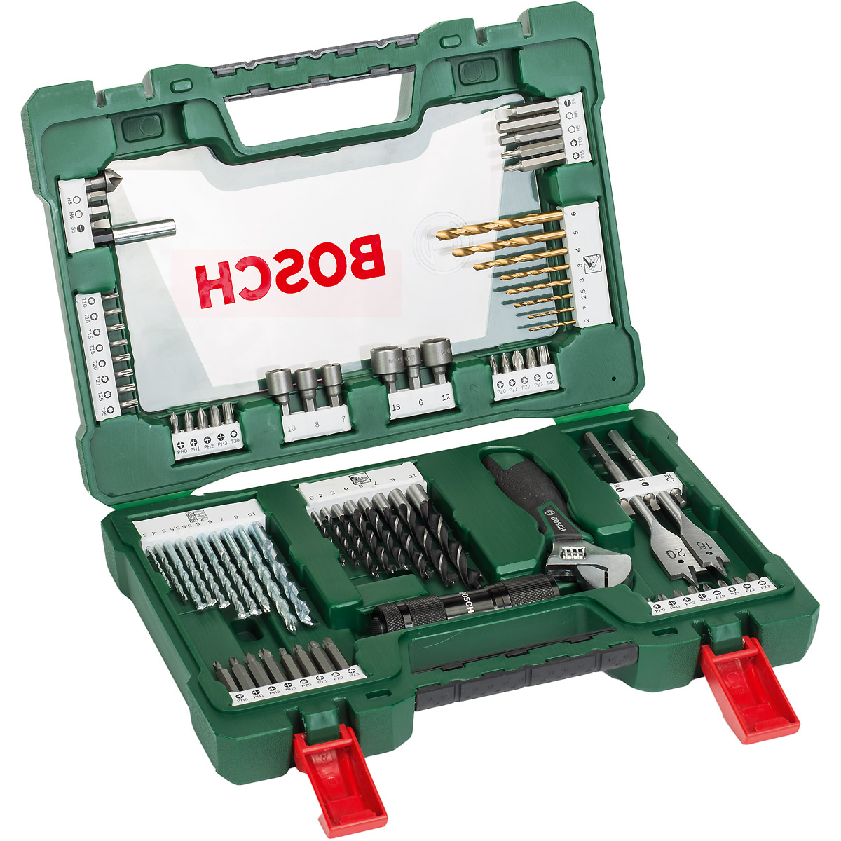 Bosch V-Line Box, Bohrer- und Bit-Set, 83-teilig, LED-Taschenlampe, Rollgabelschlüssel