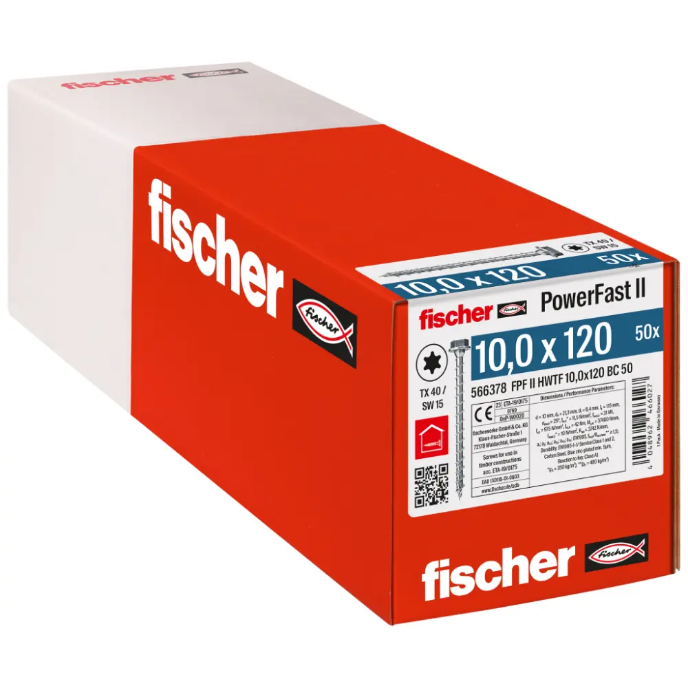 Fischer Spanplattenschraube 10,0x120 II HWTF BC, Sechskantkopf, Innenstern TX, Vollgewinde