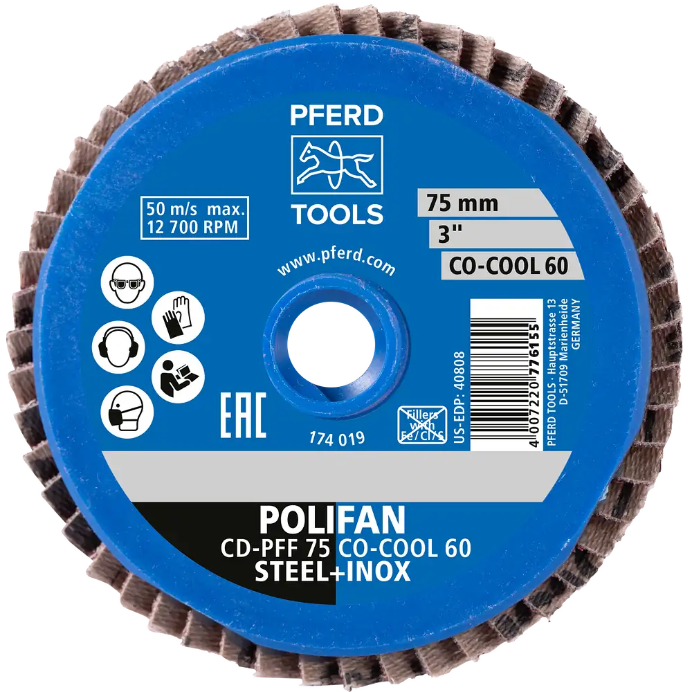 PFERD TOOLS COMBIDISC Keramikkorn Mini-POLIFAN CDR Ø 75mm CO-COOL80 für kühlen Schliff auf Edelstahl