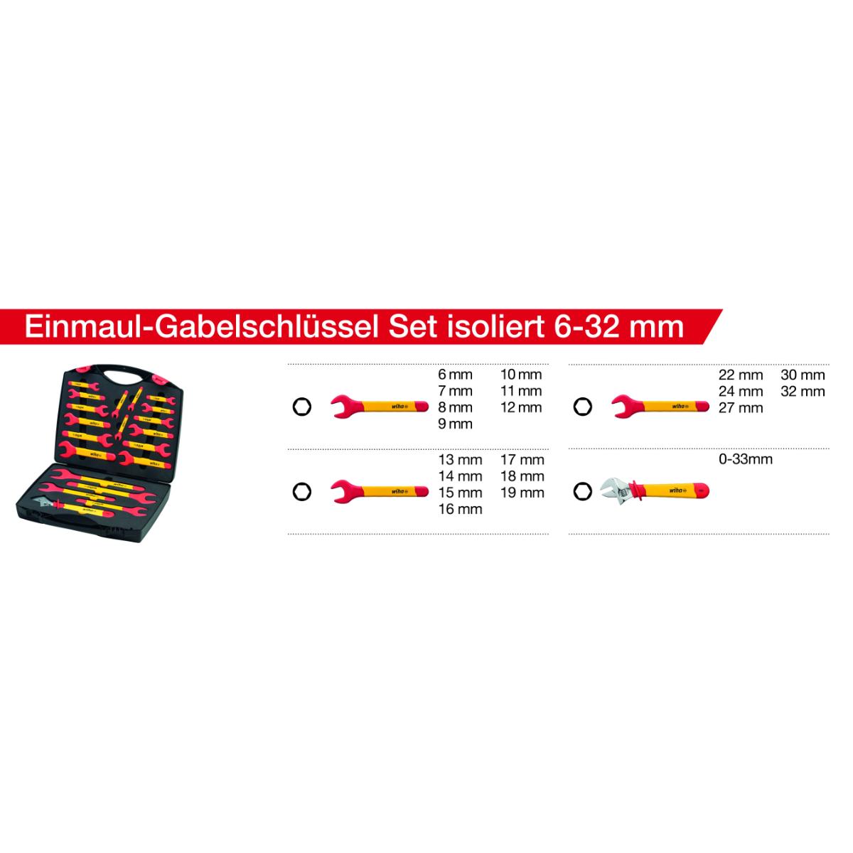 Wiha Einmaul-Gabelschlüssel Set isoliert 6-32 mm 21-teilges Set mit Koffer