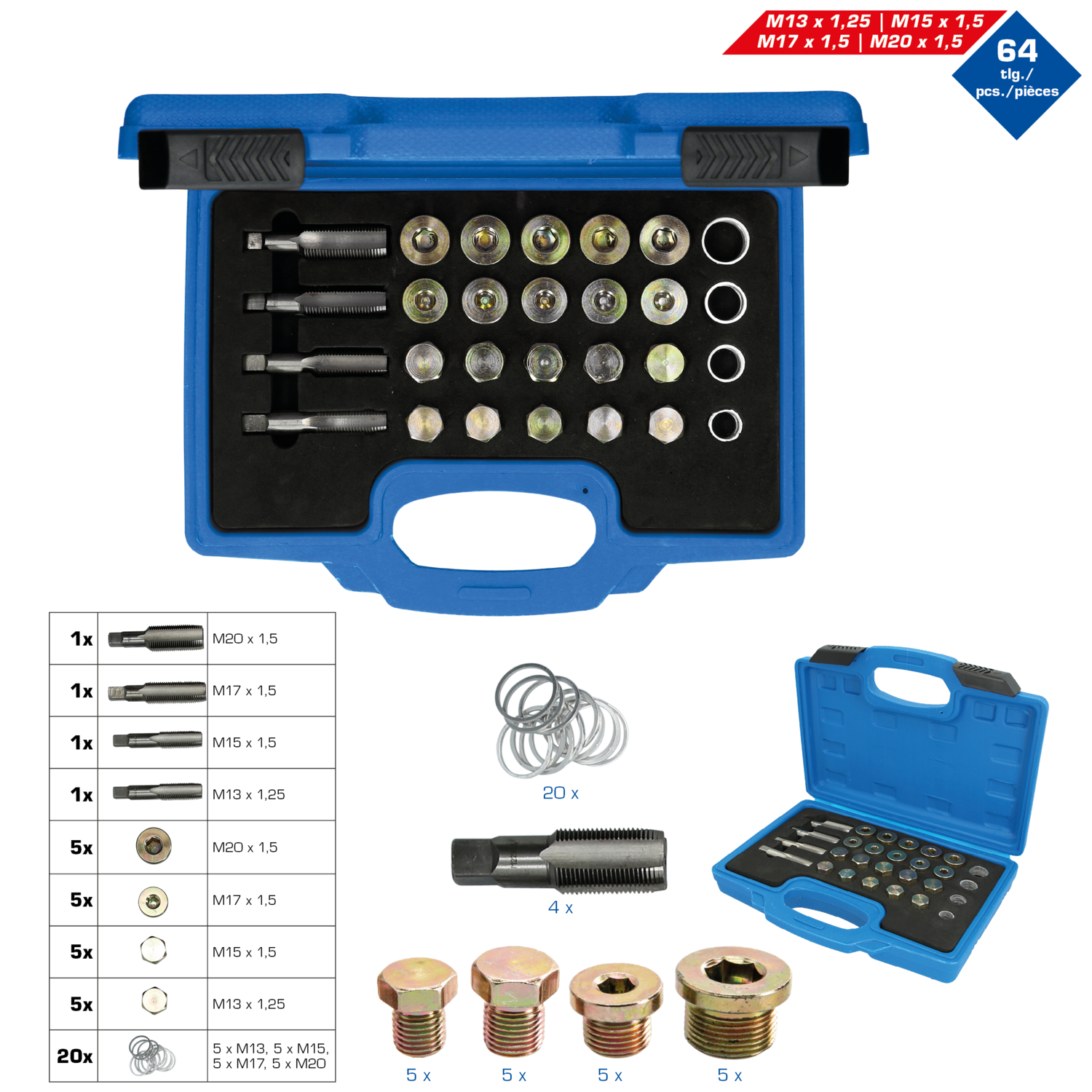 Brilliant Tools Reparatursatz für Öl-Ablassschrauben-Gewinde, 64-tlg - BT711250