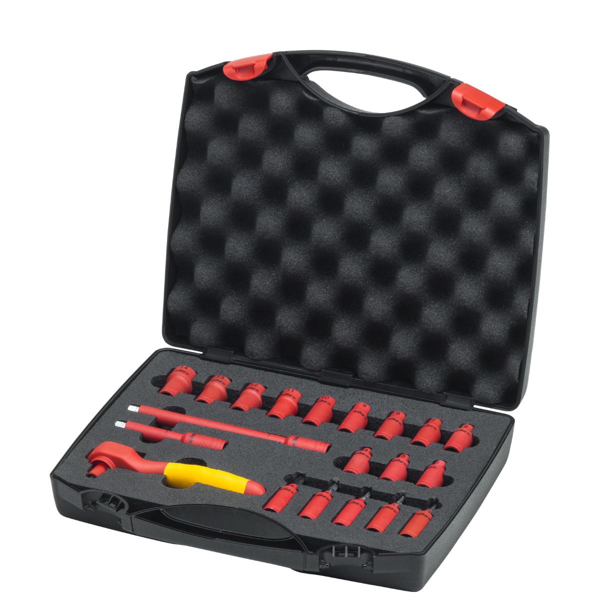 Wiha Umschaltknarren Set electric 1/4 zoll 21-teilges Set mit Druckknopf und Kugelsicherung mit Tasche