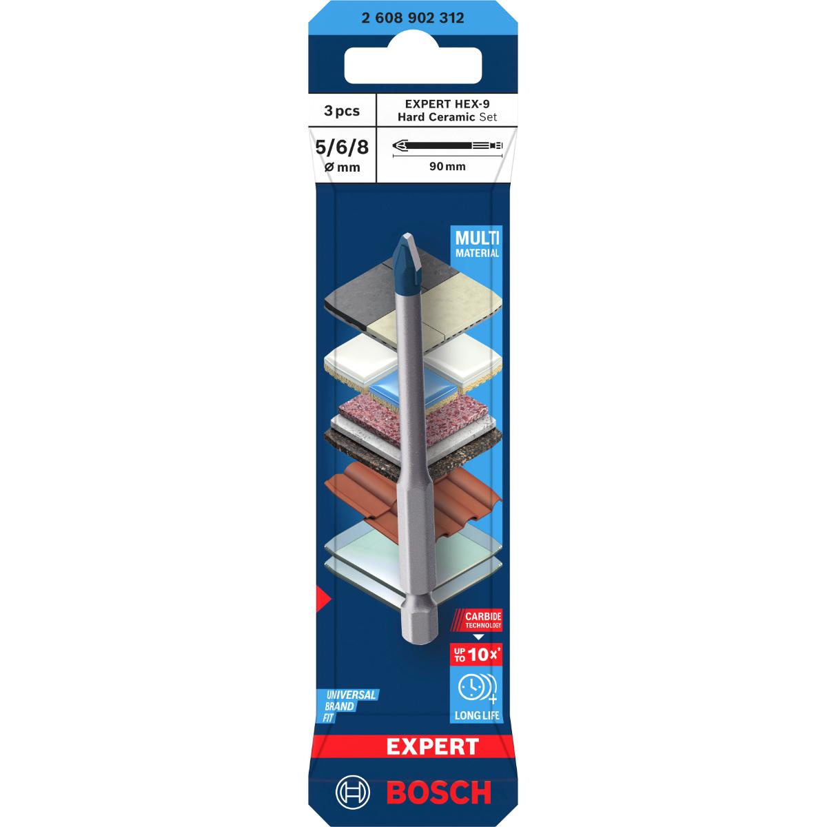 Bosch EXPERT HEX-9 Hard Ceramic HEX-9 Bohrer 5 x 90, 6 x 90, 8 x 90 mm, 3-teiliges Set