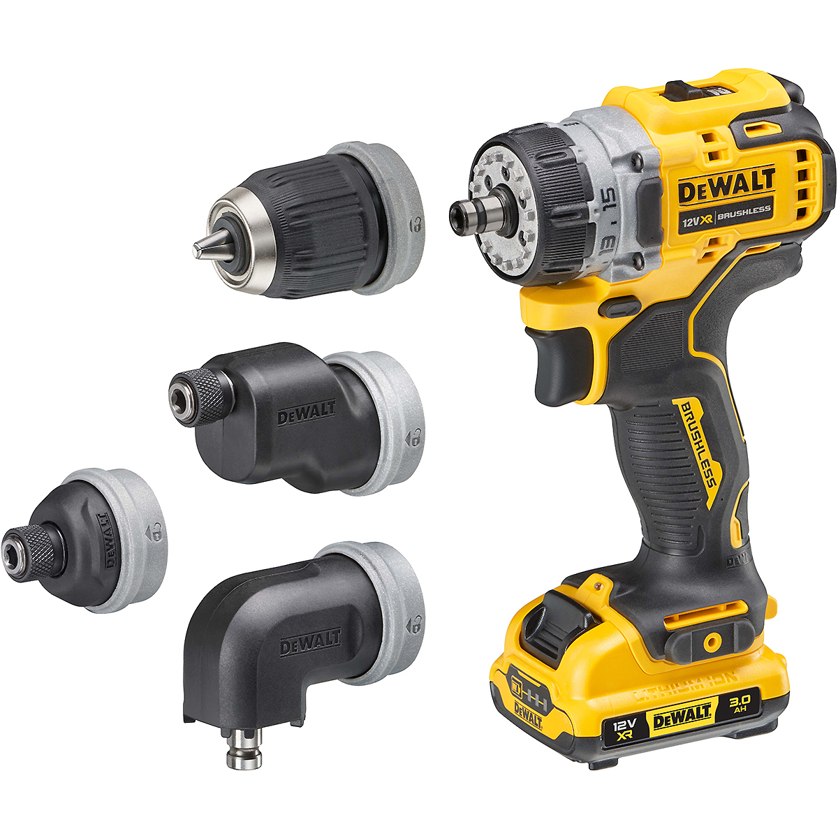 DEWALT Akku-Bohrschrauber + 4 Wechselköpfe 12V + 2 Akku + Schnellladegerät
