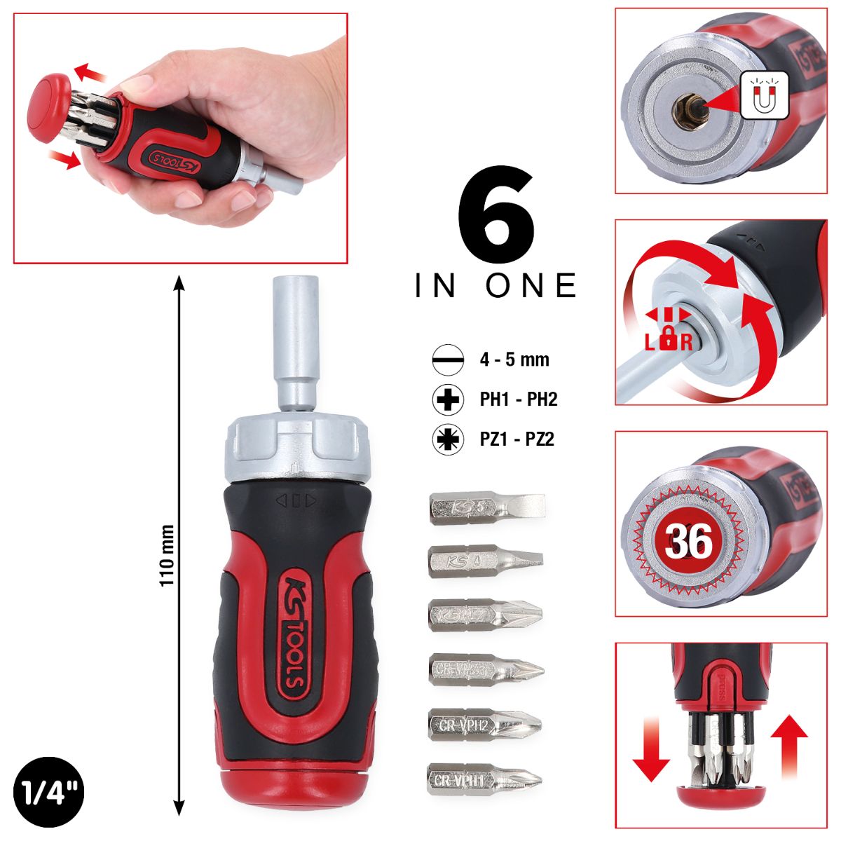 KS Tools 1/4 Zoll 6 in 1 Mini-Ratschen-Schraubendreher