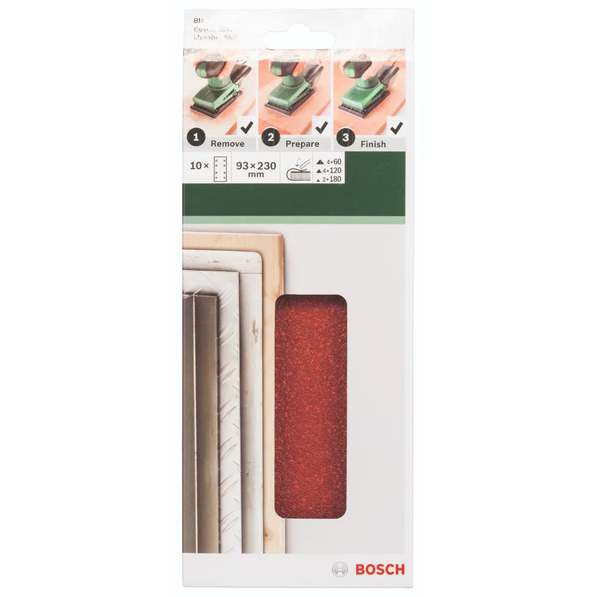 Bosch Schleifblatt-Set für Schwingschleifer K=60/120/180, 93 x 230 mm, 8 Loch, 10-tlg.