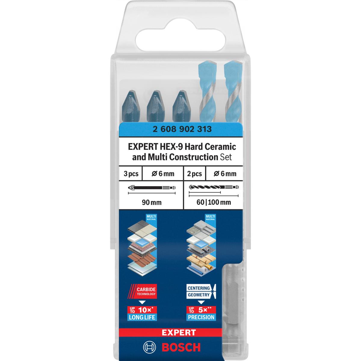 Bosch EXPERT HEX-9 Hard Ceramic und HEX-9 Multi Construction Bohrer 6 mm, 5-teiliges Set