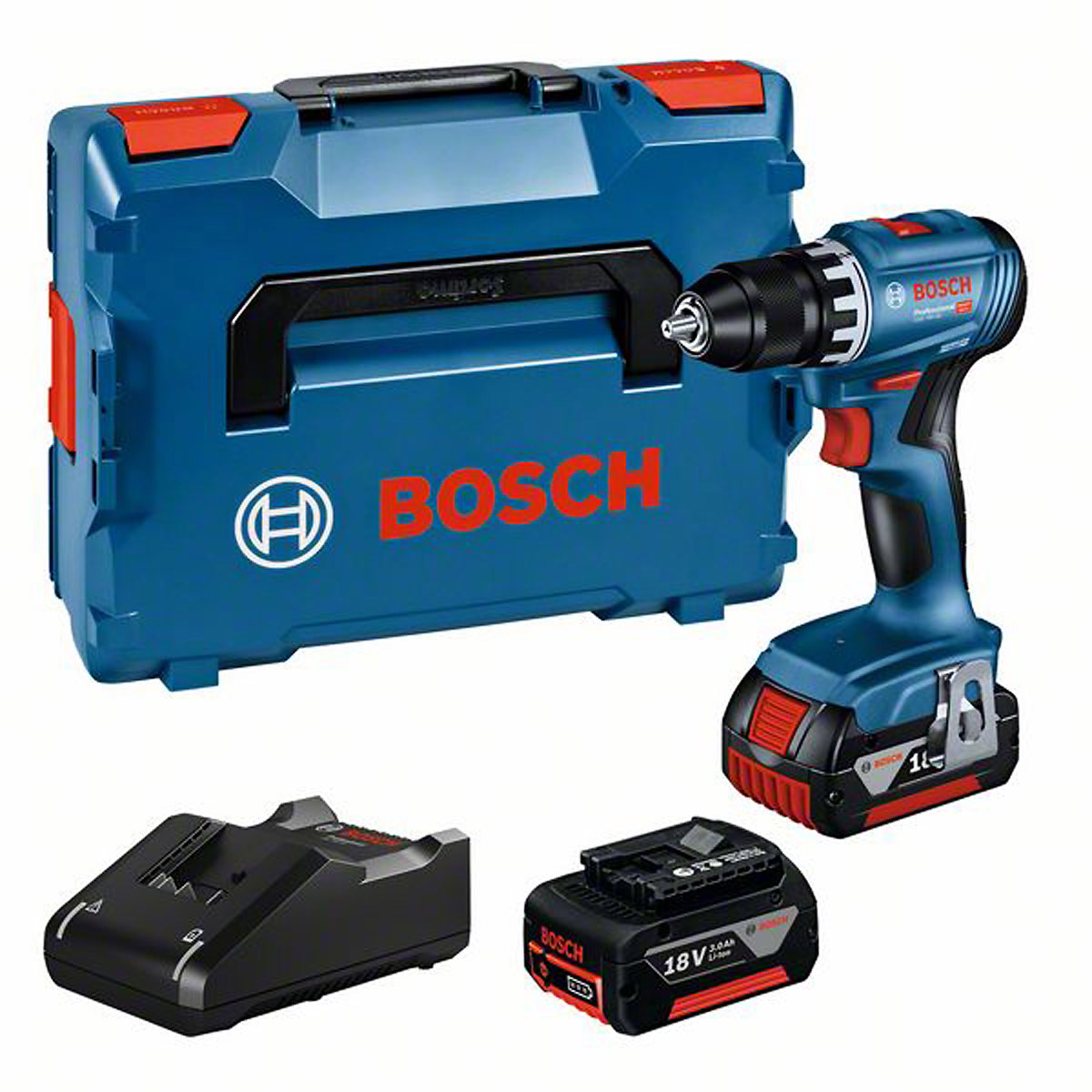 Bosch Akku-Bohrschrauber GSR 18V-45, 2 Akku GBA 18V 3.0Ah, Ladg. u. L-BOXX